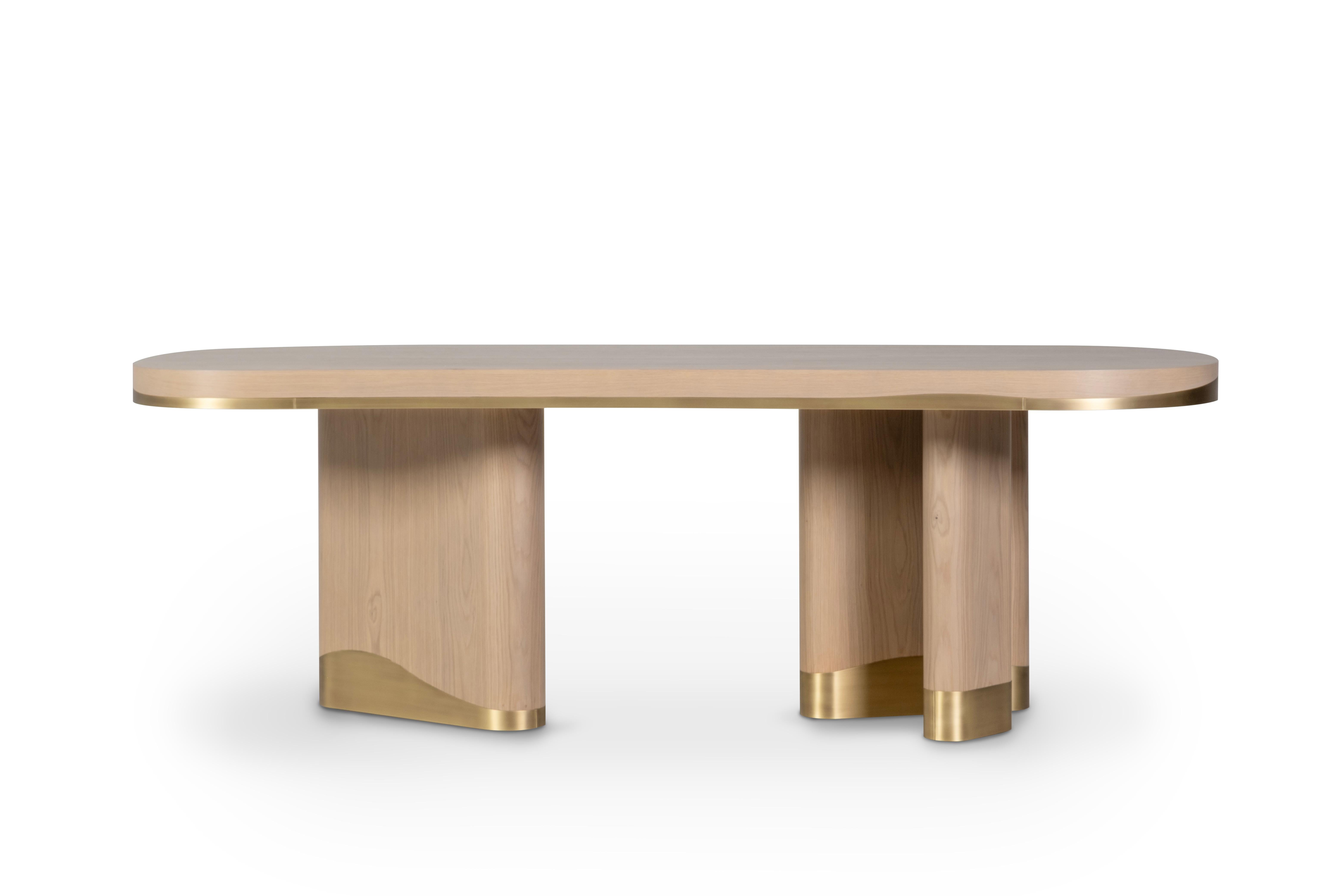 Portuguese Modern Sistelo Dining Table, Warm Grey Oak, Brass, Handmade by Greenapple For Sale