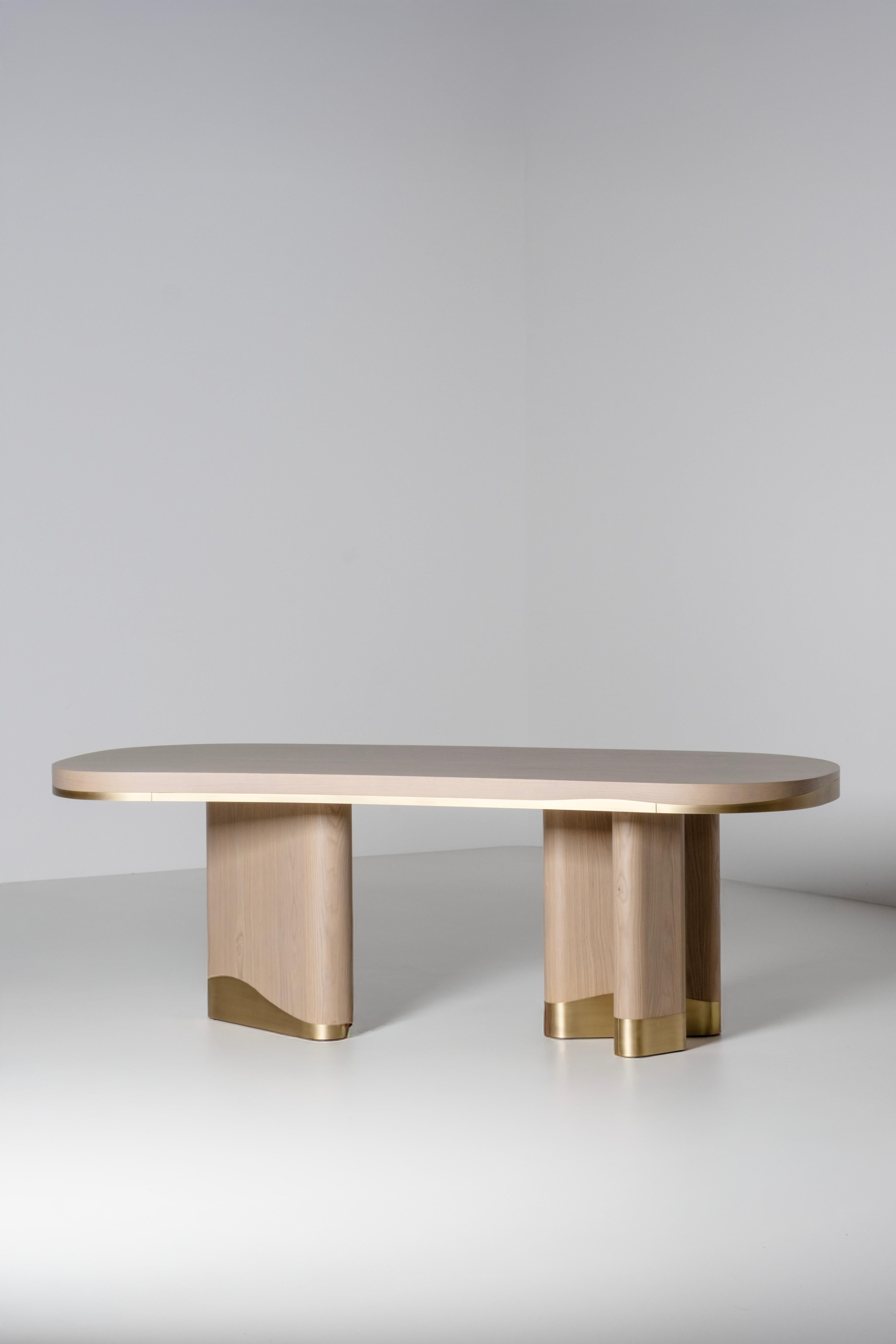 Brushed Modern Sistelo Dining Table, Warm Grey Oak, Brass, Handmade by Greenapple For Sale