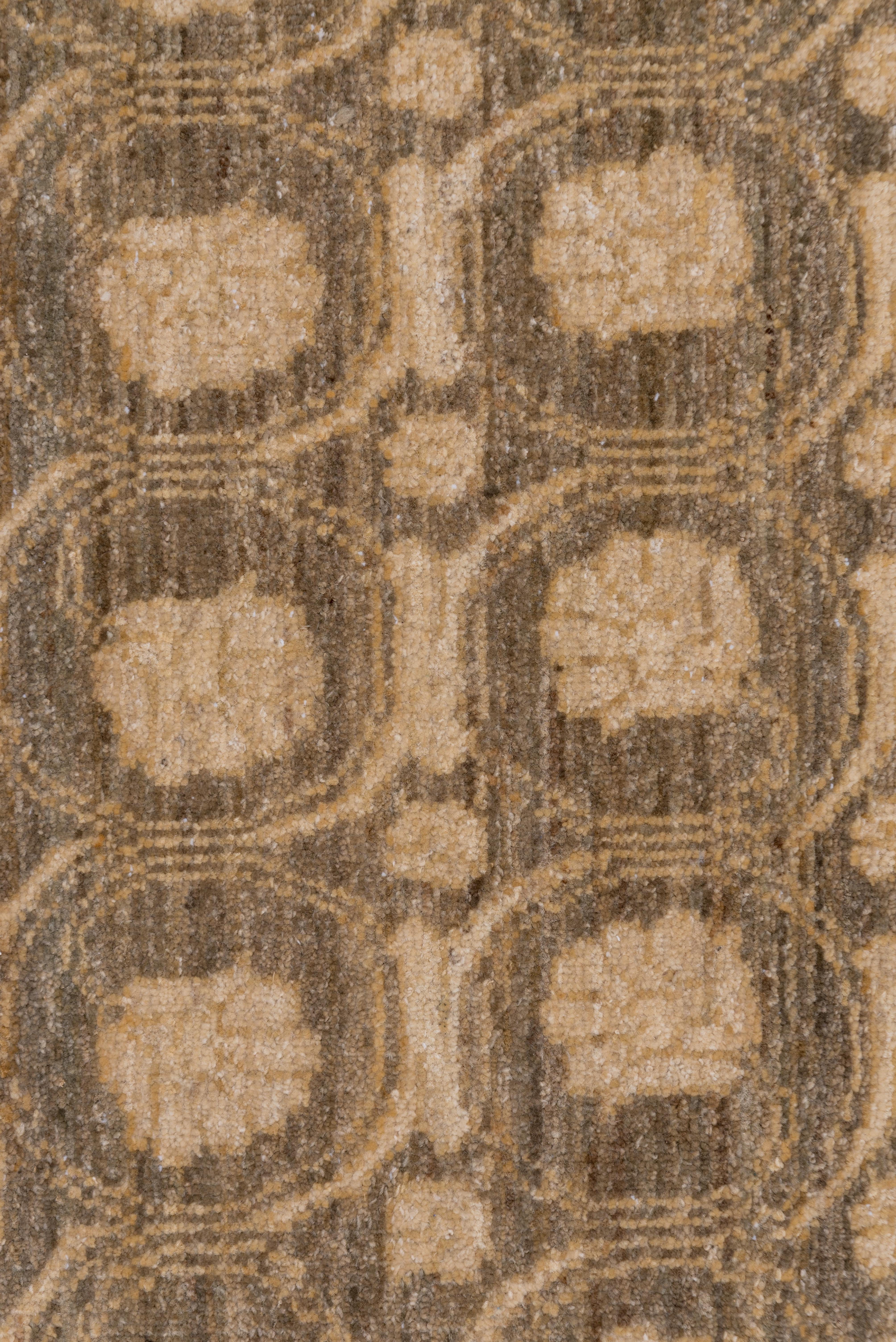 No borders, but row and rows, columns and columns of rounded stems enclosing flowers in beige and goldenrod, on the densely abrashed sienna ground on this Afghan origin Sivas-style carpet. Between are small rosettes and short connecting bars. Easily