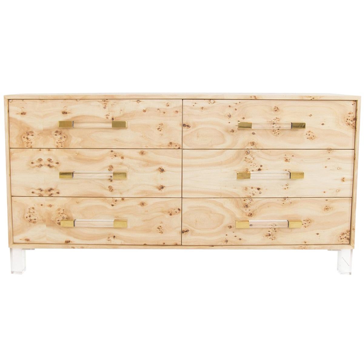 Modern Six-Drawer Dresser Burl Wood Lucite Legs with Lucite and Brass Hardware For Sale
