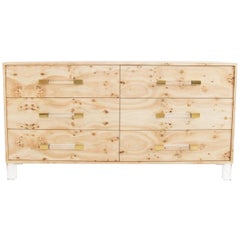 Modern Six-Drawer Dresser Burl Wood Lucite Legs with Lucite and Brass Hardware