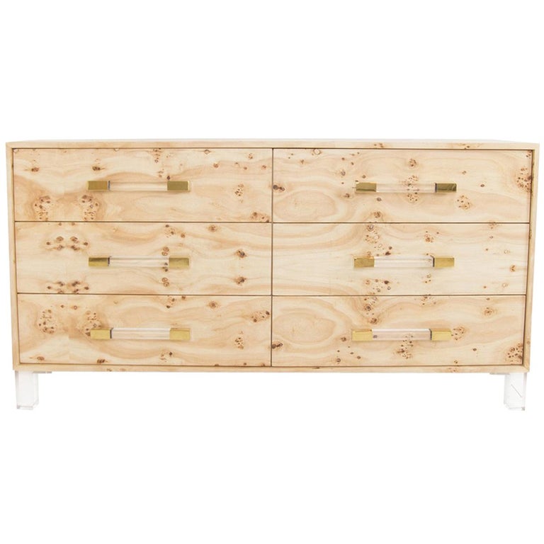 Modern Six Drawer Dresser Burl Wood Lucite Legs With Lucite And