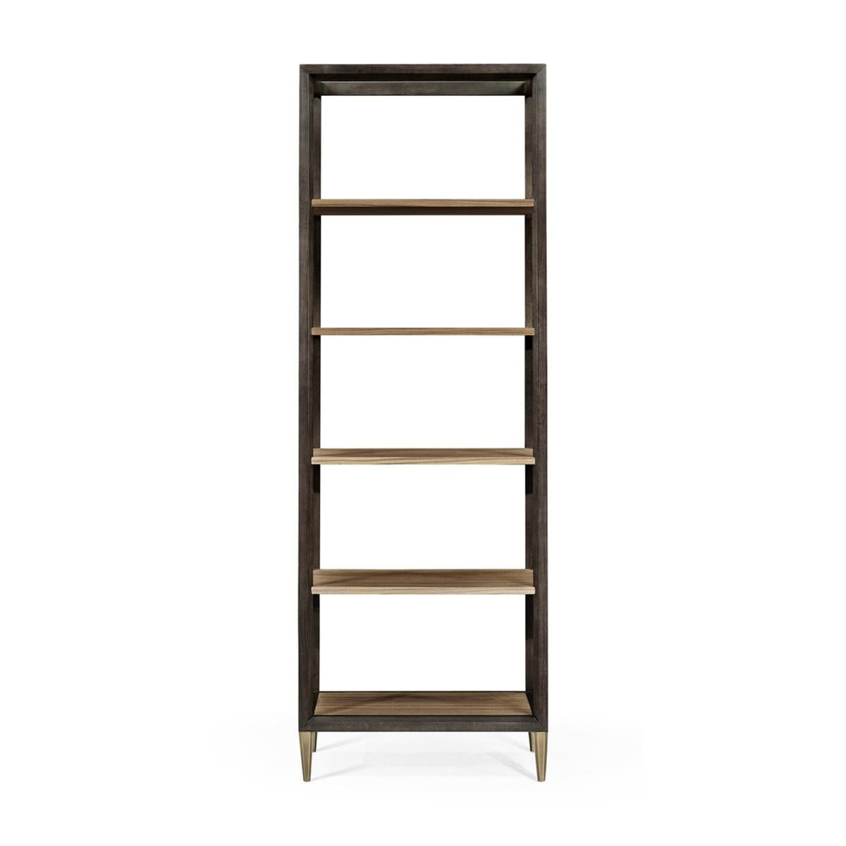 Modern Six Tier Etagere, built from hardwood solids with beveled, ebonized, posts and rails. The shelves feature flat-cut paldao with a light transparent lacquer finish. The feet are brass and are acid-dipped and hand-rubbed to achieve a rich,