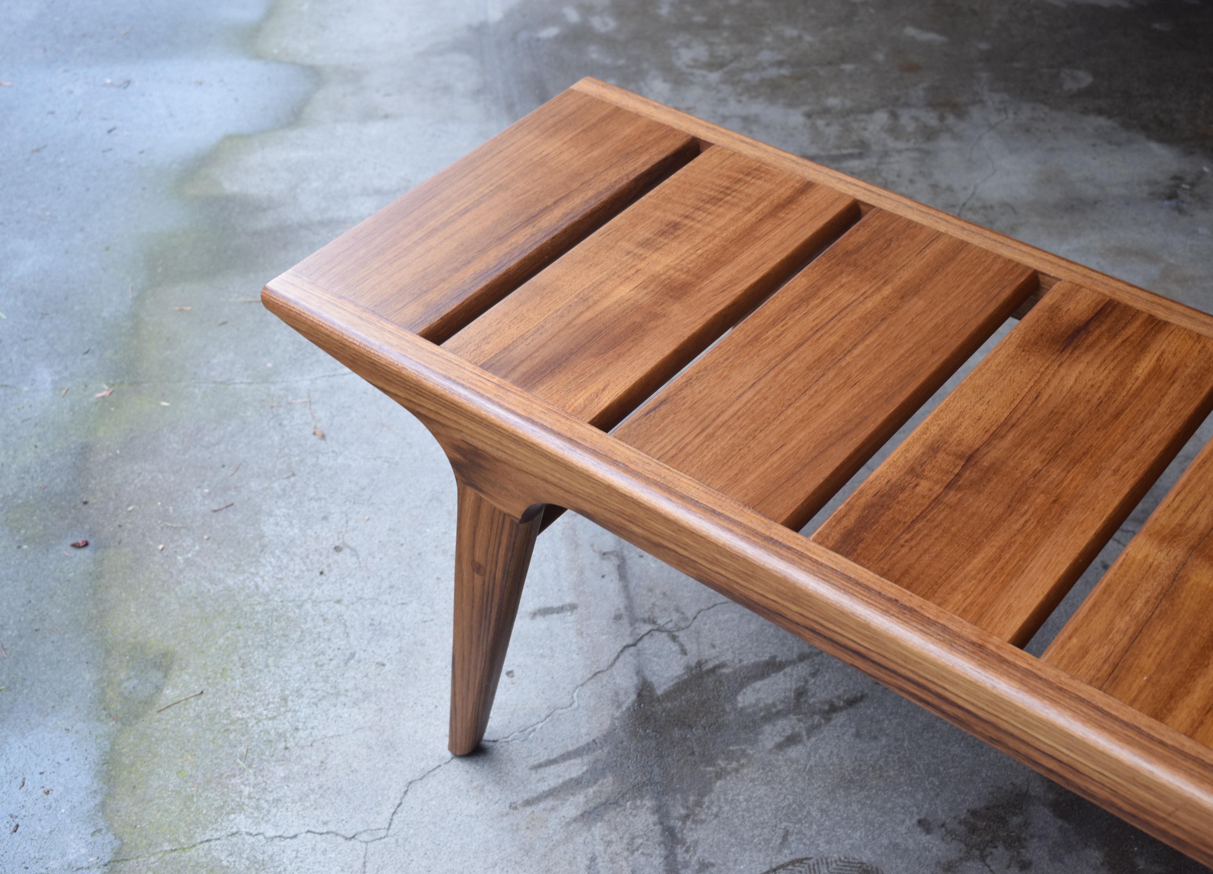 Oiled Modern Slat Bench in Teak with Oil and Wax Finish For Sale