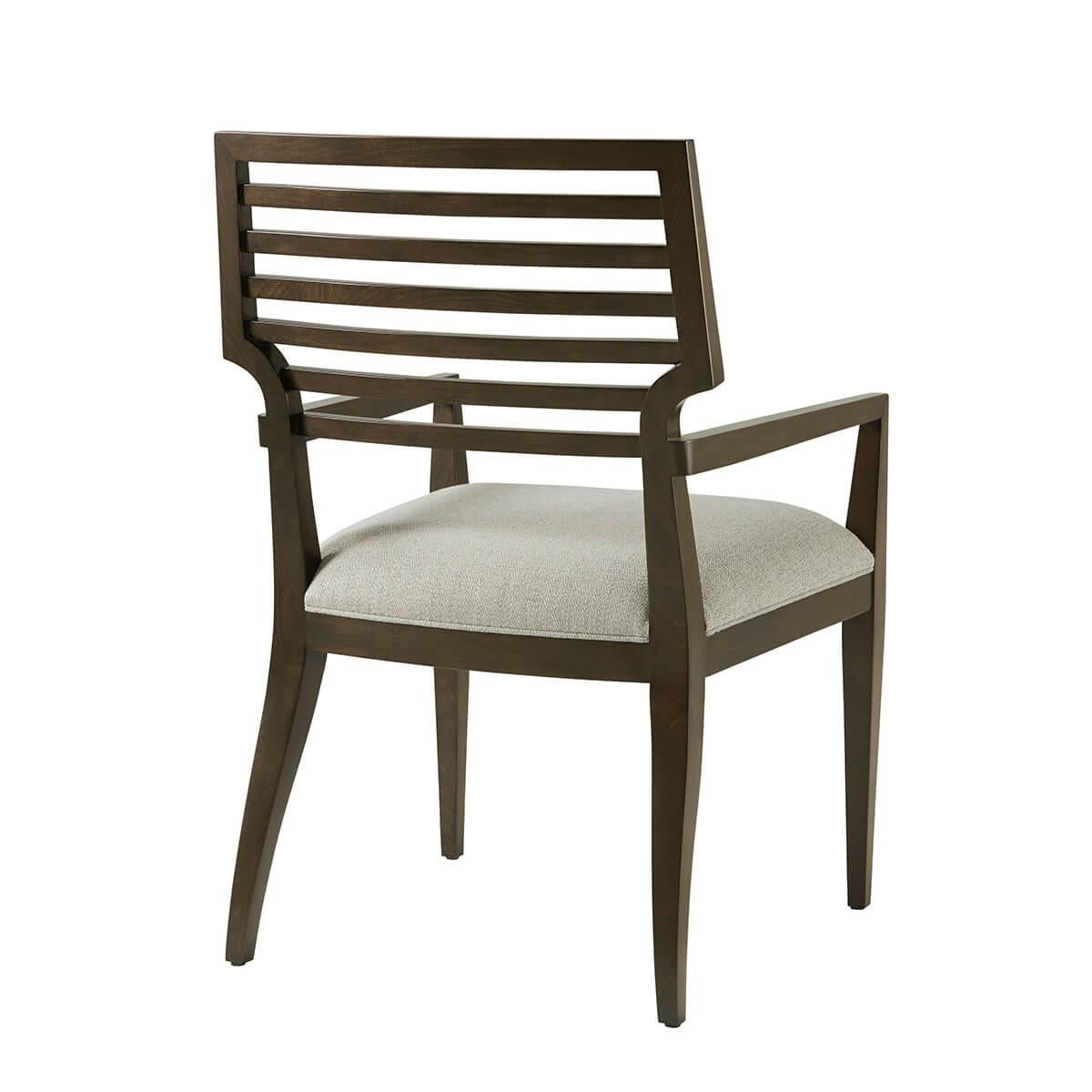 Crafted from Prima Vera in our Bistre finish, featuring a sophisticated horizontally slatted back, a padded cushion upholstered with neutral performance fabric, all raised on square tapered legs.

Dimensions: 23