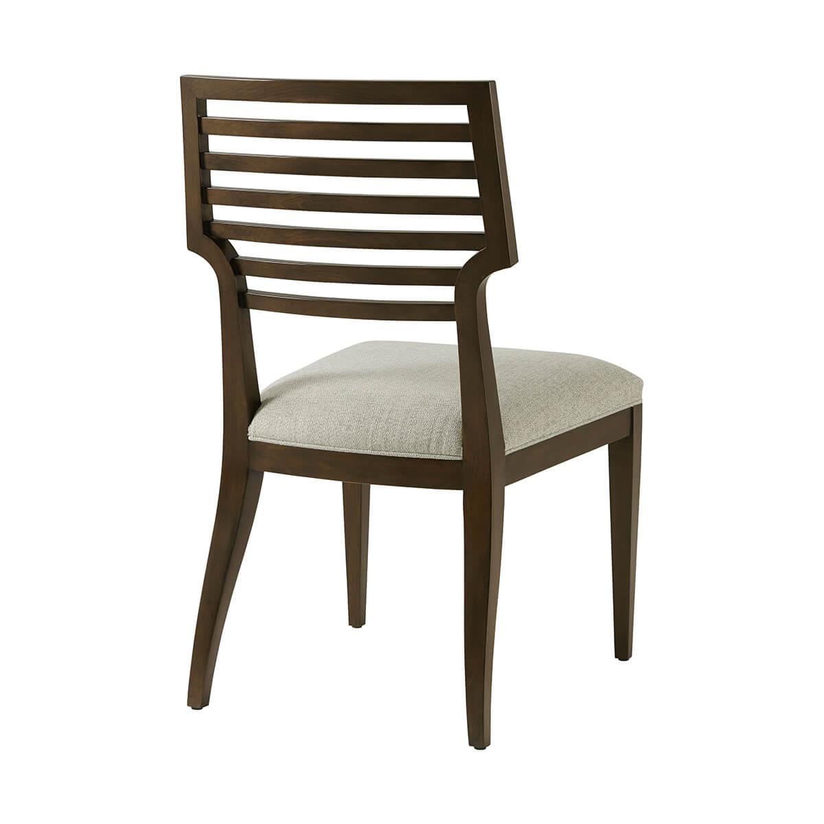 Crafted from Prima Vera in our Bistre finish, featuring a sophisticated horizontally slatted back, and a padded cushion upholstered with neutral performance fabric, all raised on square tapered legs.

Dimensions: 20