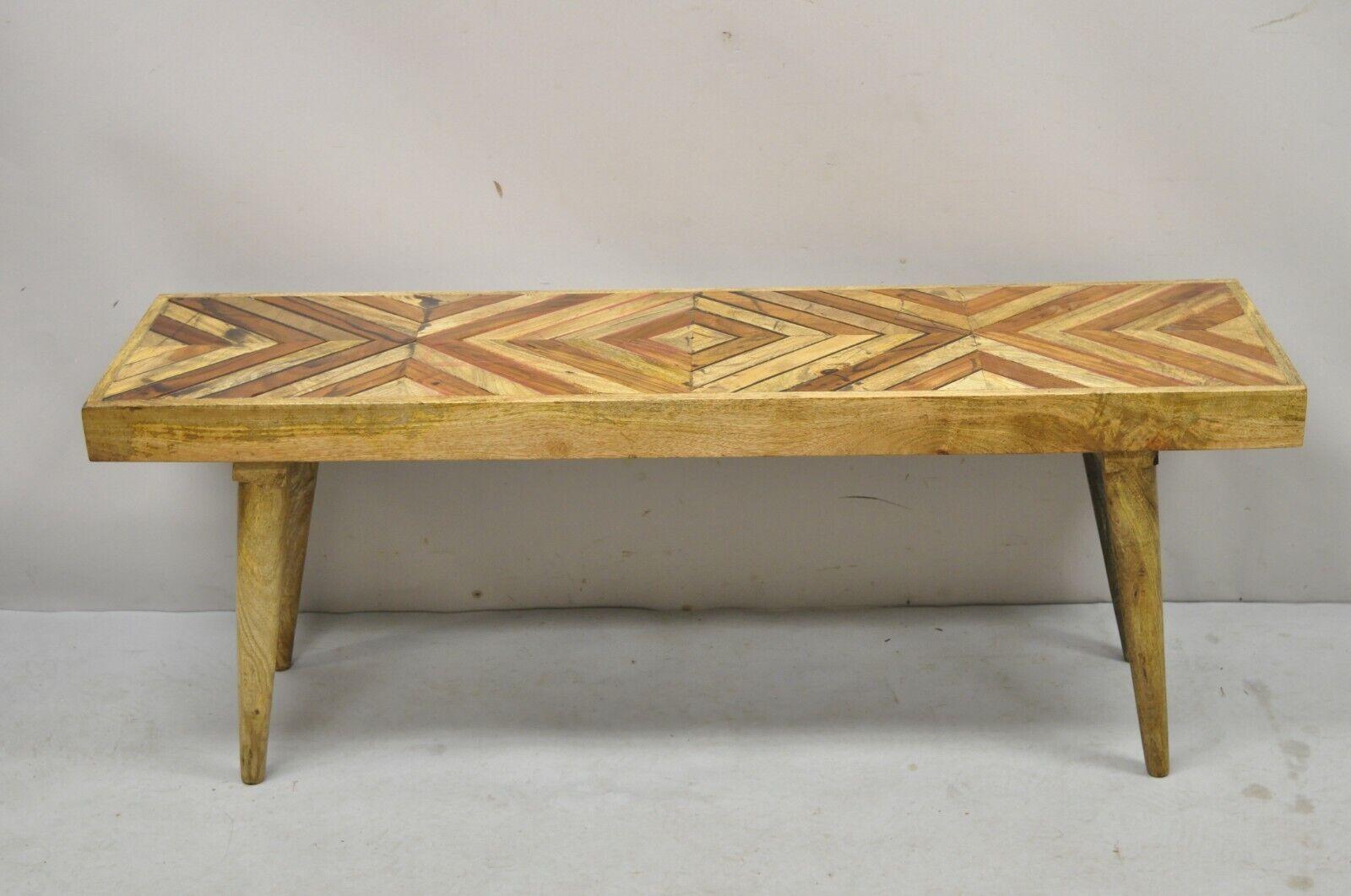 Modern Slatted Wood Geometric Inlay Rustic Farmhouse Coffee Table Bench For Sale 4