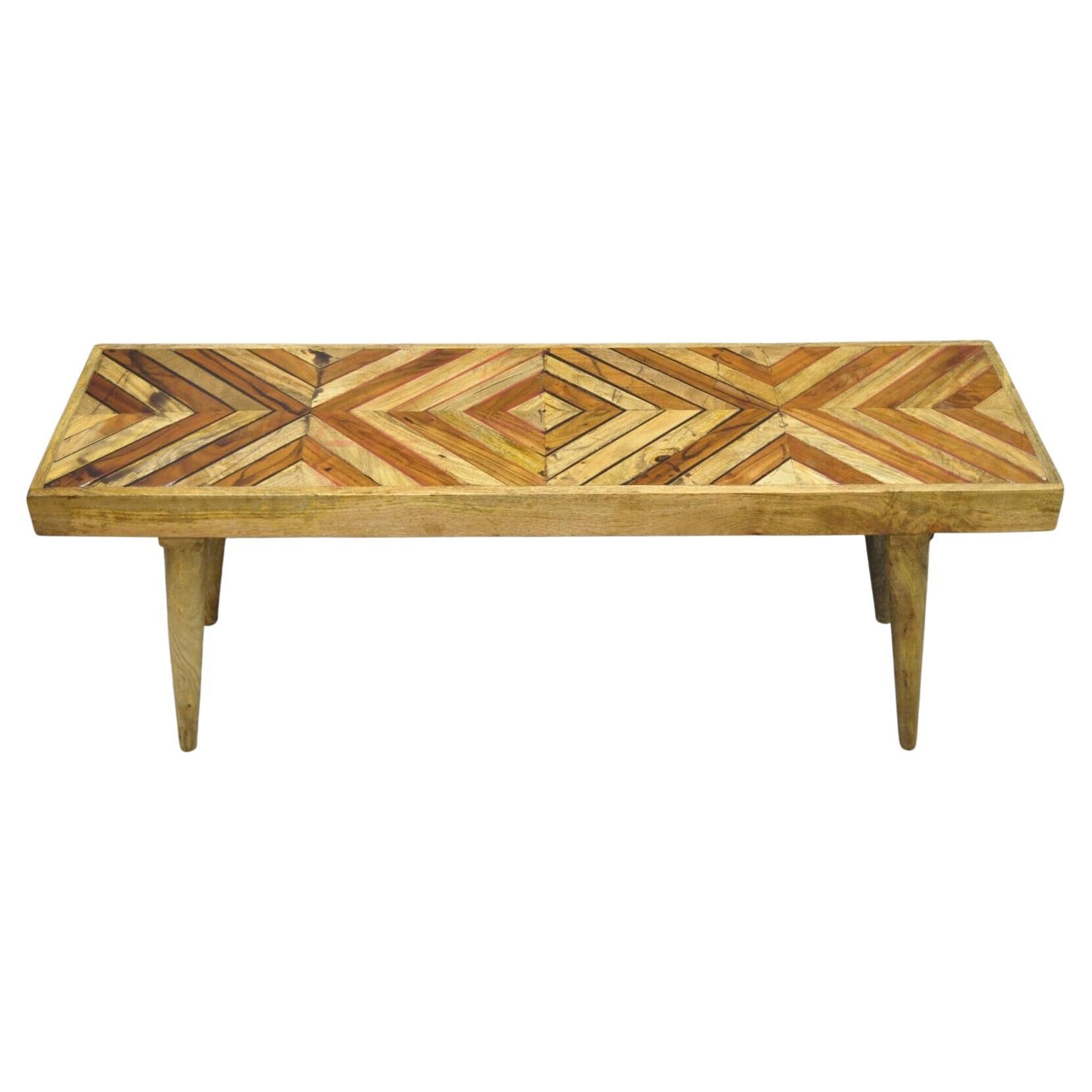 Modern Slatted Wood Geometric Inlay Rustic Farmhouse Coffee Table Bench For Sale
