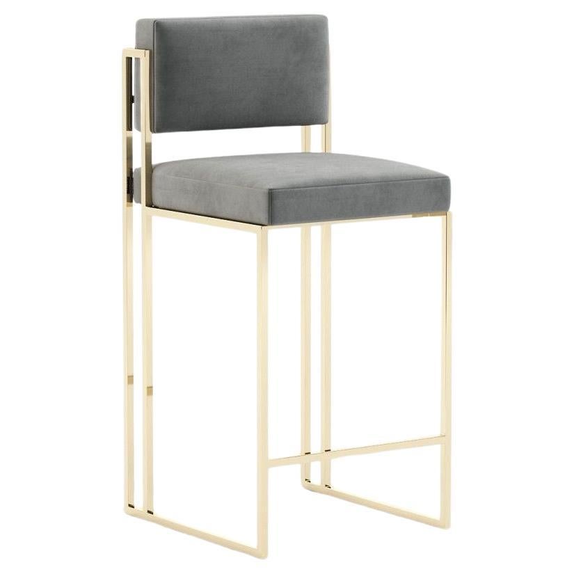 Modern Sleek Counter Stool In Polished Stainless Frame And Performance Velvet