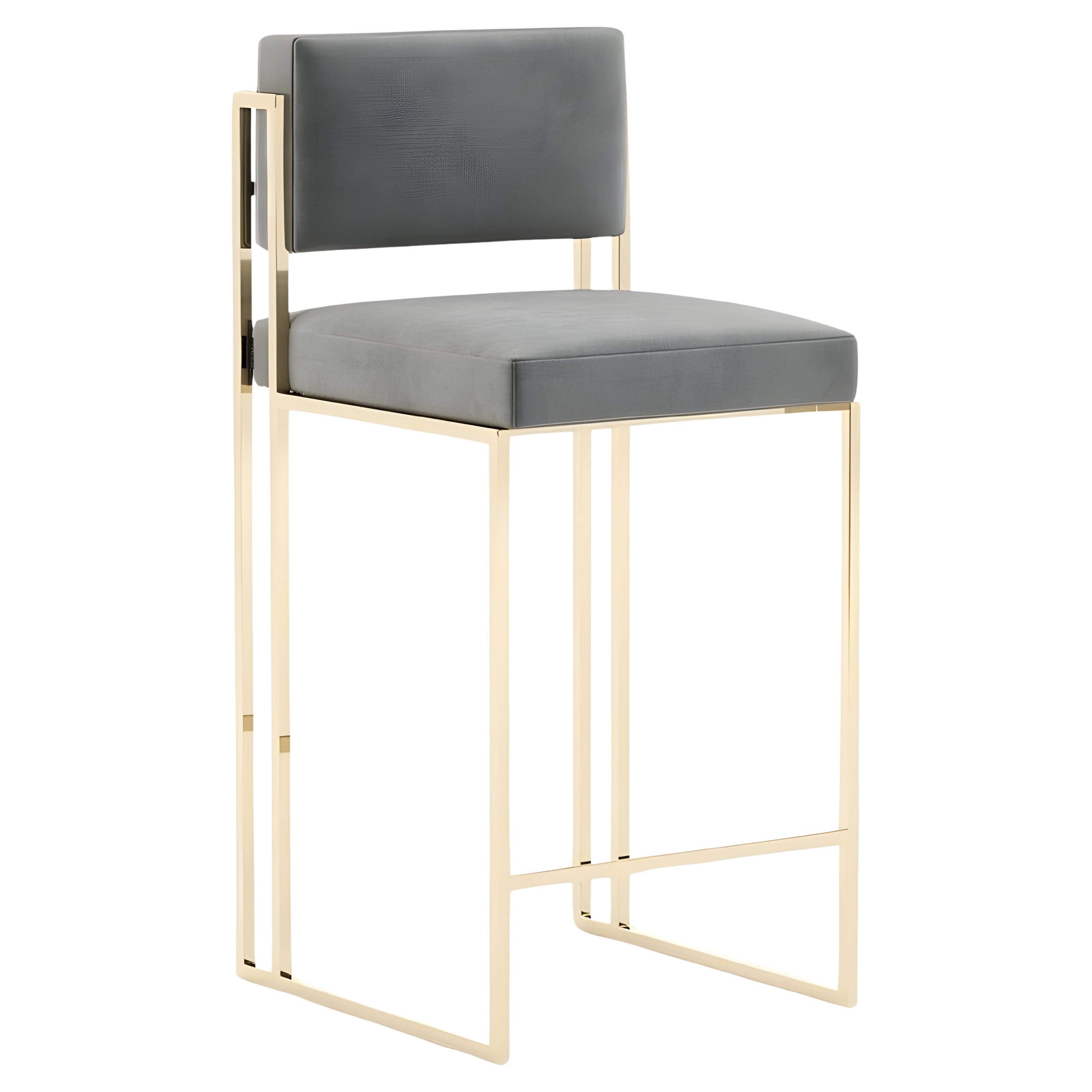 Modern Sleek Counter Stool In Polished Stainless Frame And Performance Velvet