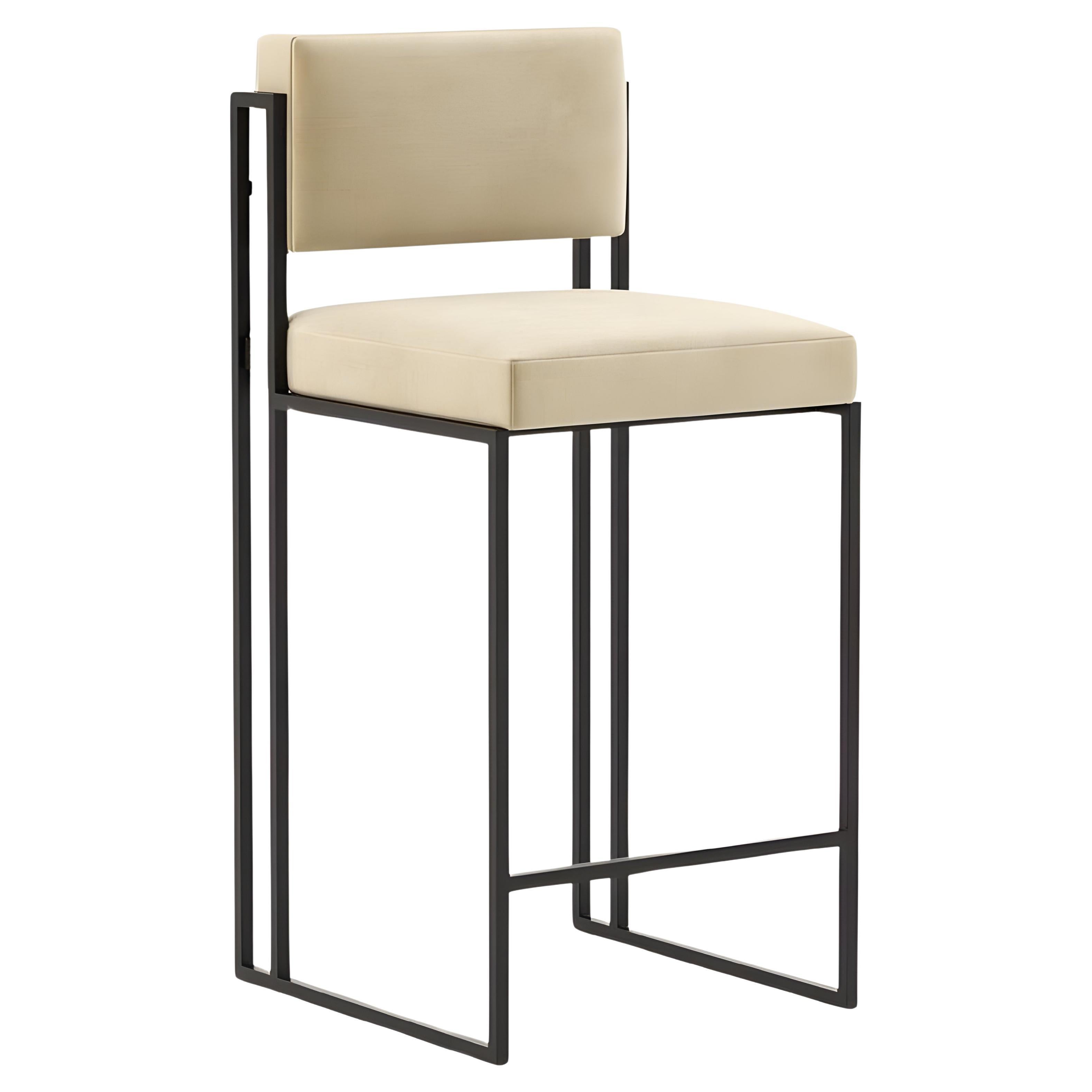 Modern Sleek Counter Stool In Textured Black Iron Frame And Performance Velvet For Sale