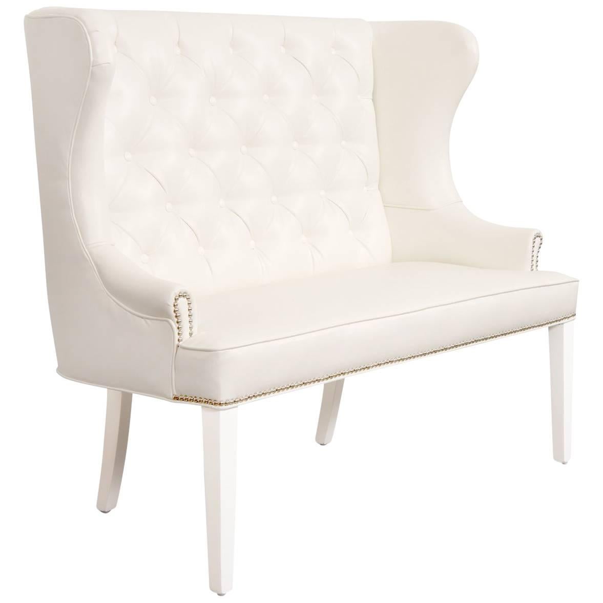 Modern Slim Dining Curved Wingback Loveseat Tufted White Faux Leather For Sale