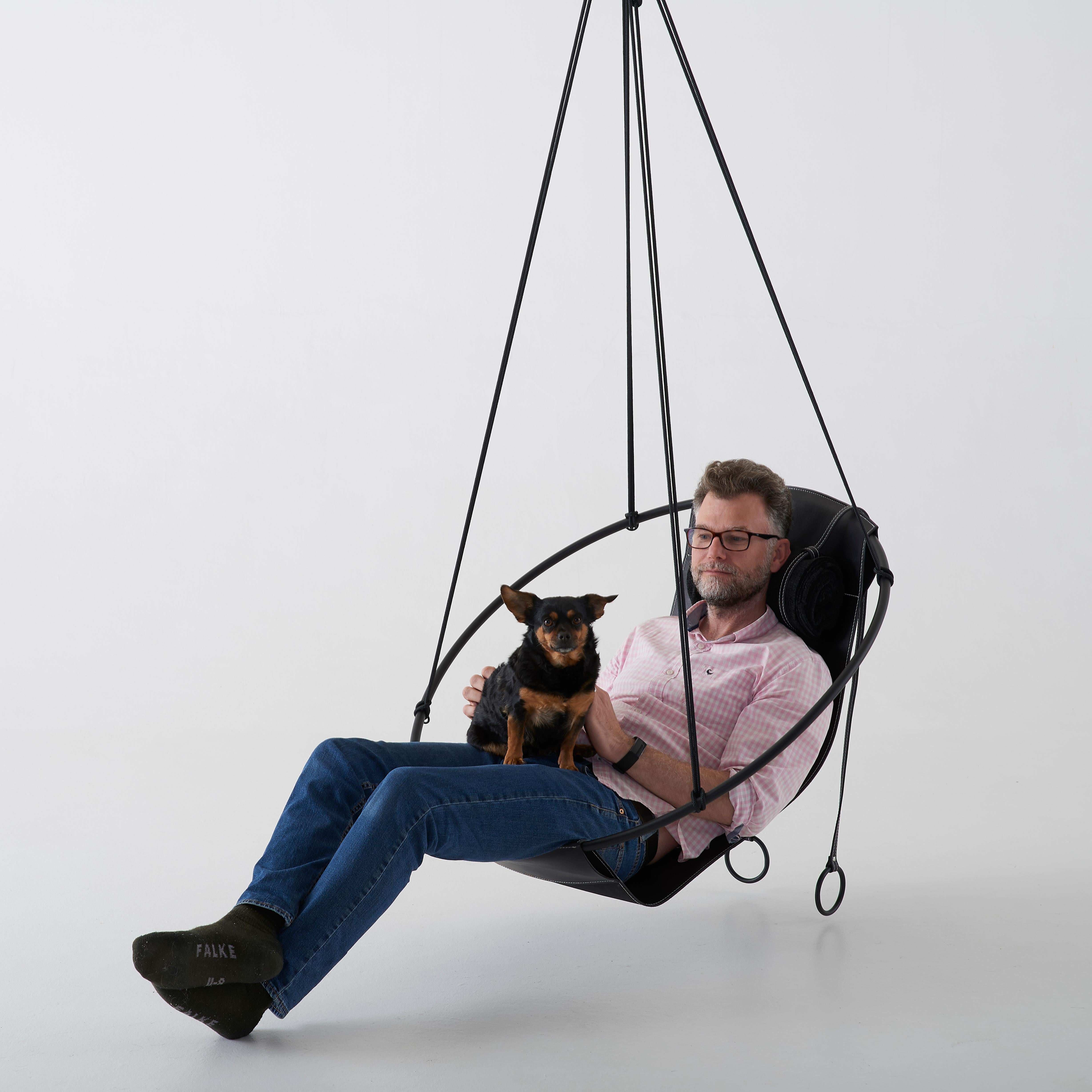 Contemporary Modern Sling Chair with Genuine South African Leather in Black