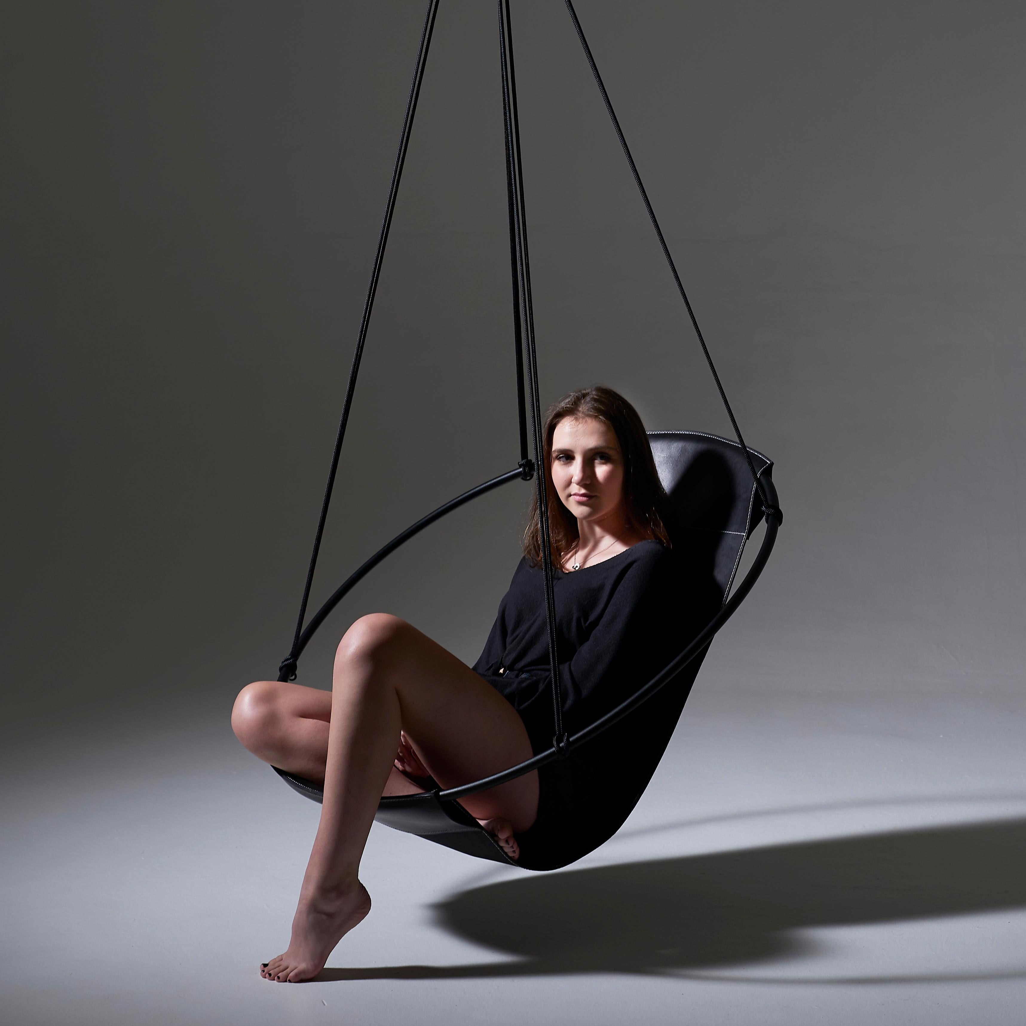 Steel Modern Sling Chair with Genuine South African Leather in Black