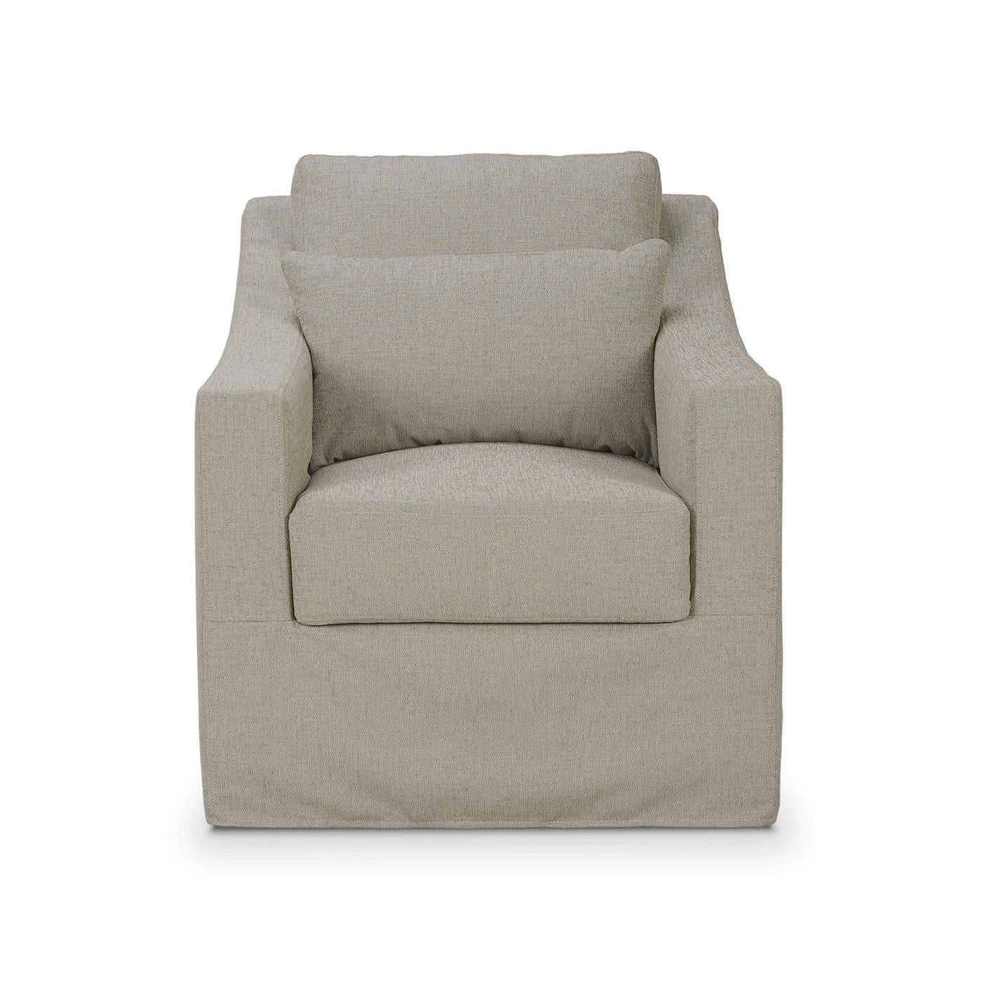 Covered in premium sand performance fabric for both elegance and durability. This exquisite armchair features a sleek, modern silhouette with a sophisticated slipcover design. The plush cushioning ensures superior comfort and support, while the