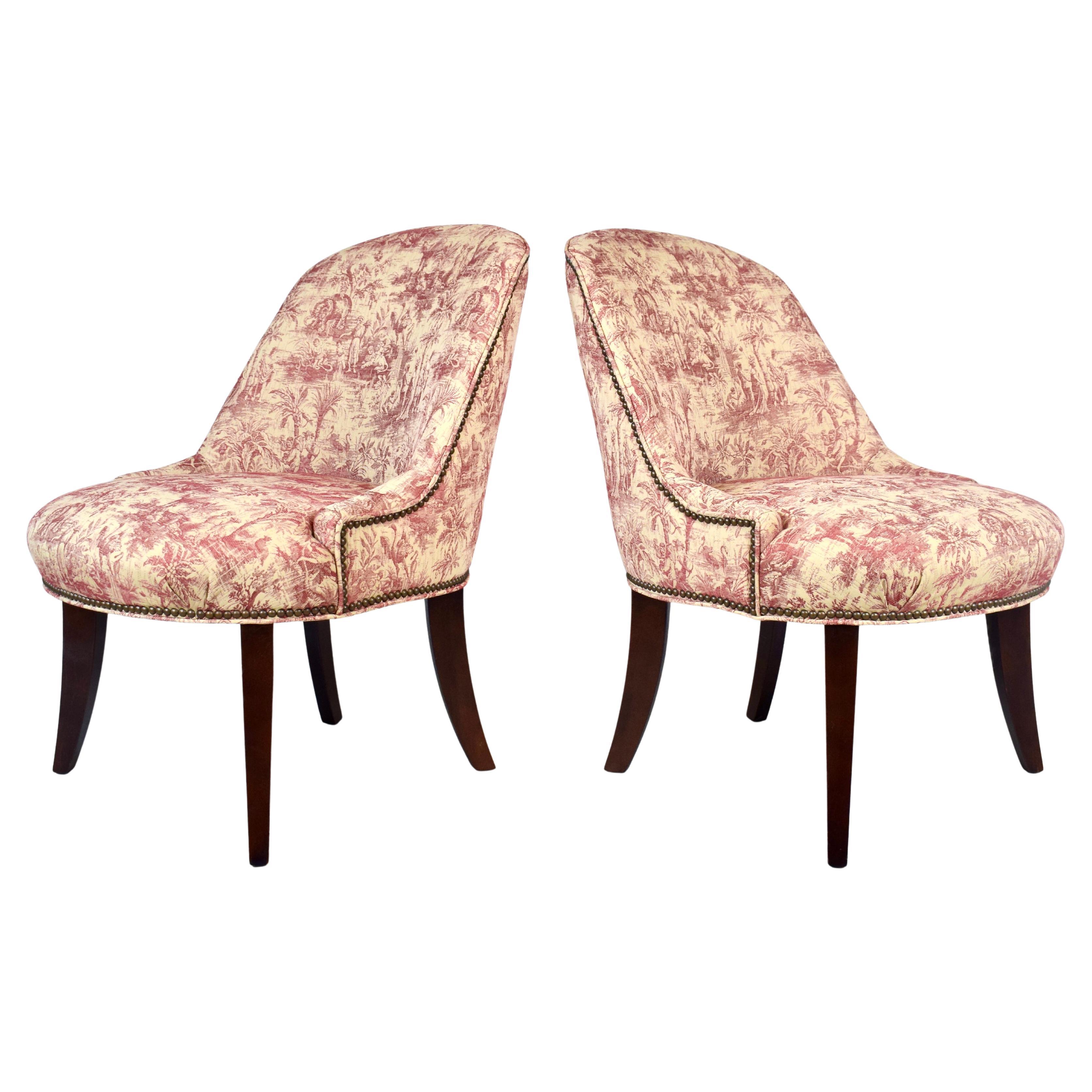 Modern Slipper Chairs in French Country Toile Upholstery For Sale