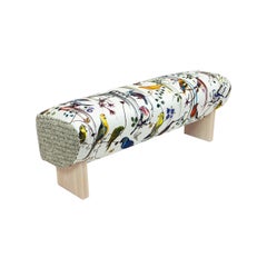 Modern Sloped Bench w/ Bird Print, Green Velvet and Wool Boucle