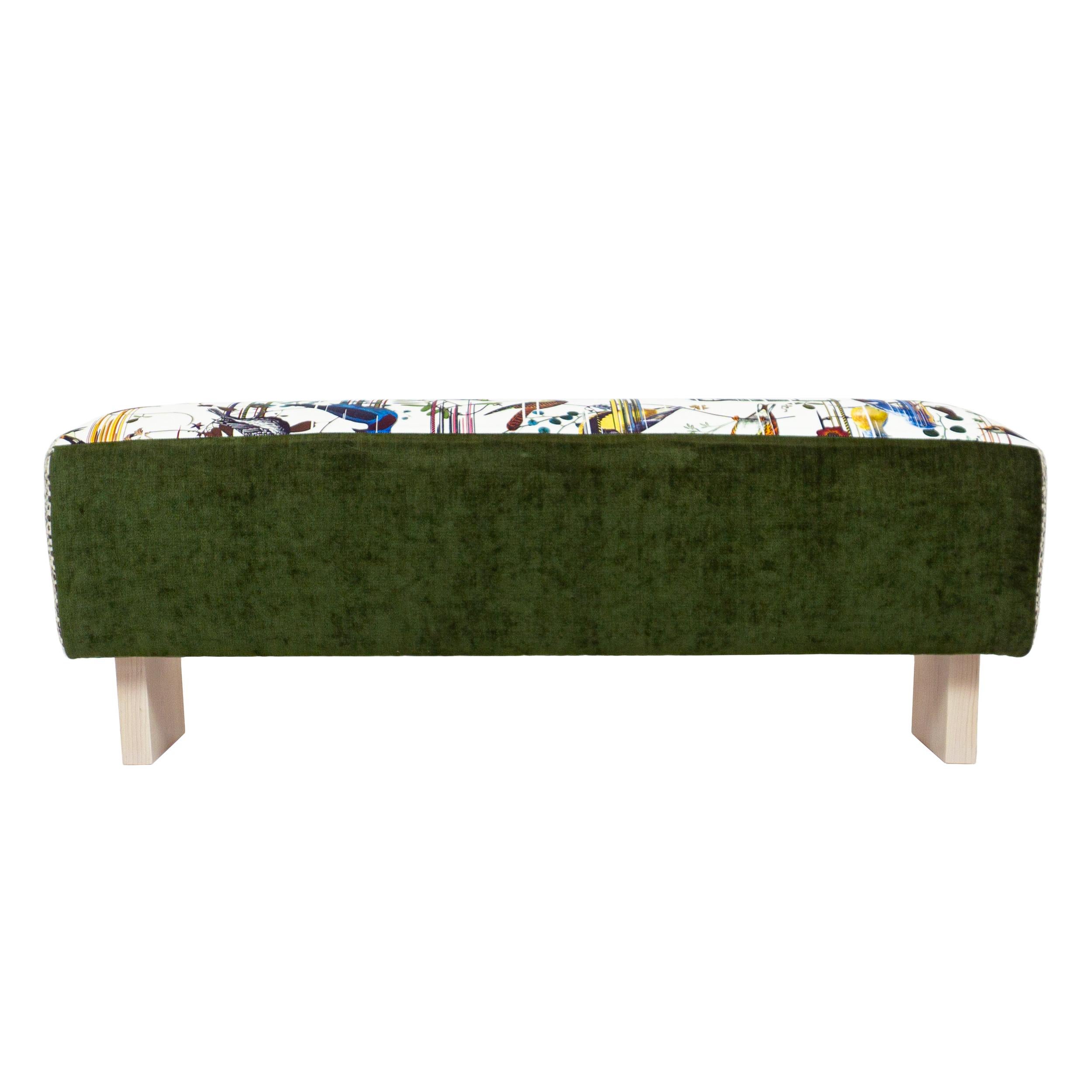 Contemporary Modern Sloped Bench w/ Bird Print, Green Velvet and Wool Boucle For Sale