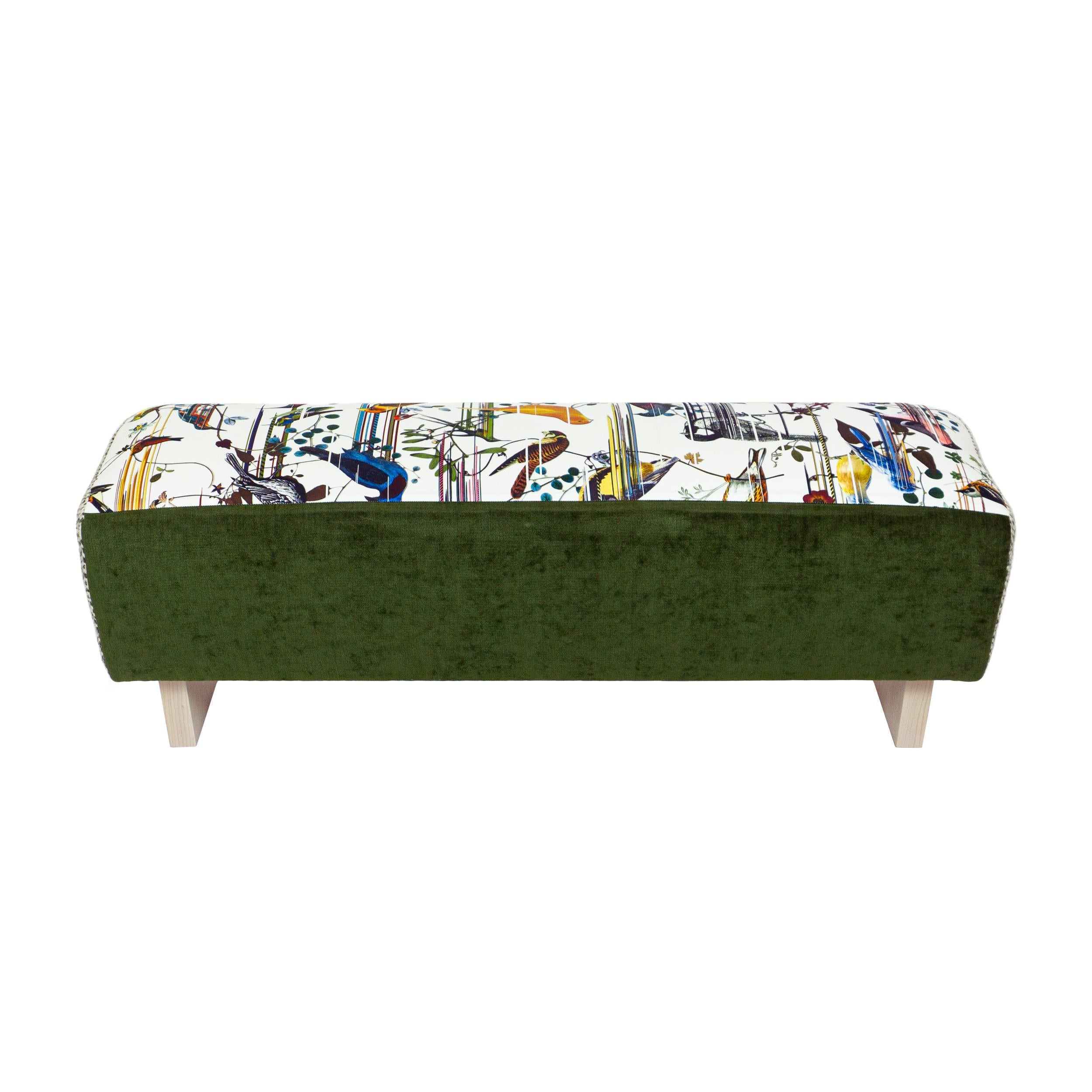 Bouclé Modern Sloped Bench w/ Bird Print, Green Velvet and Wool Boucle For Sale