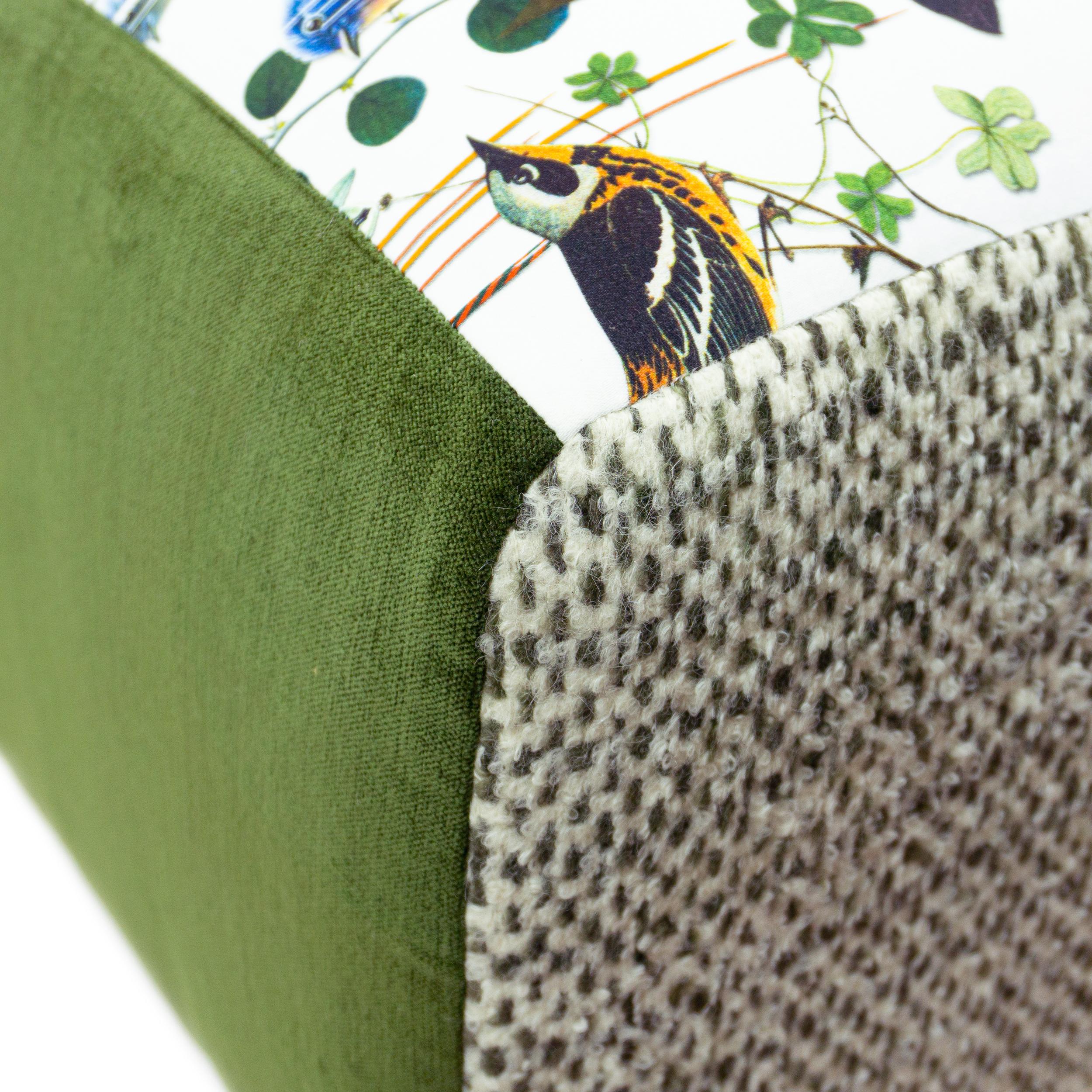 Modern Sloped Bench w/ Bird Print, Green Velvet and Wool Boucle For Sale 1