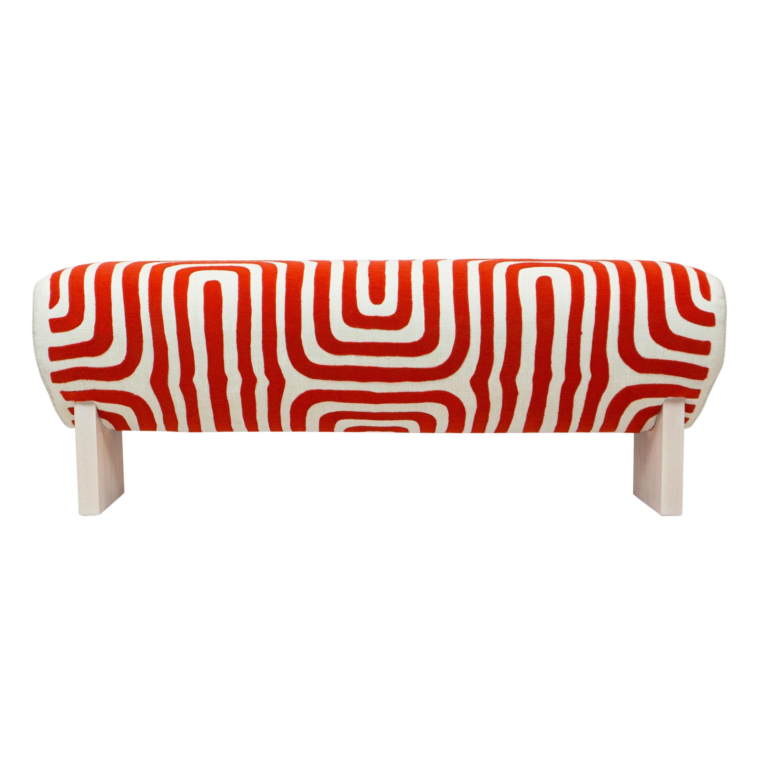American Modern Sloped Bench with Swirly Bright Orange Embroidered Linen For Sale