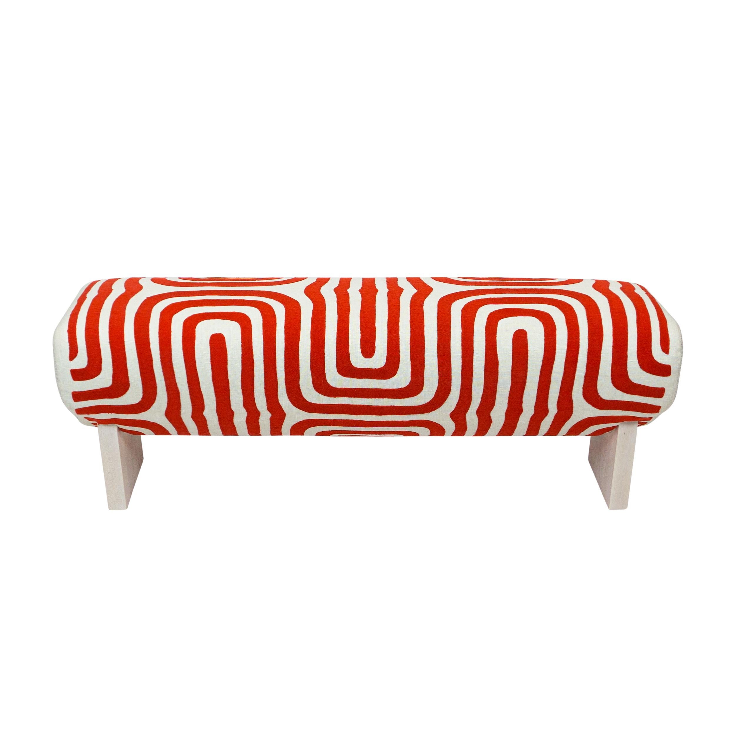 Hand-Crafted Modern Sloped Bench with Swirly Bright Orange Embroidered Linen For Sale