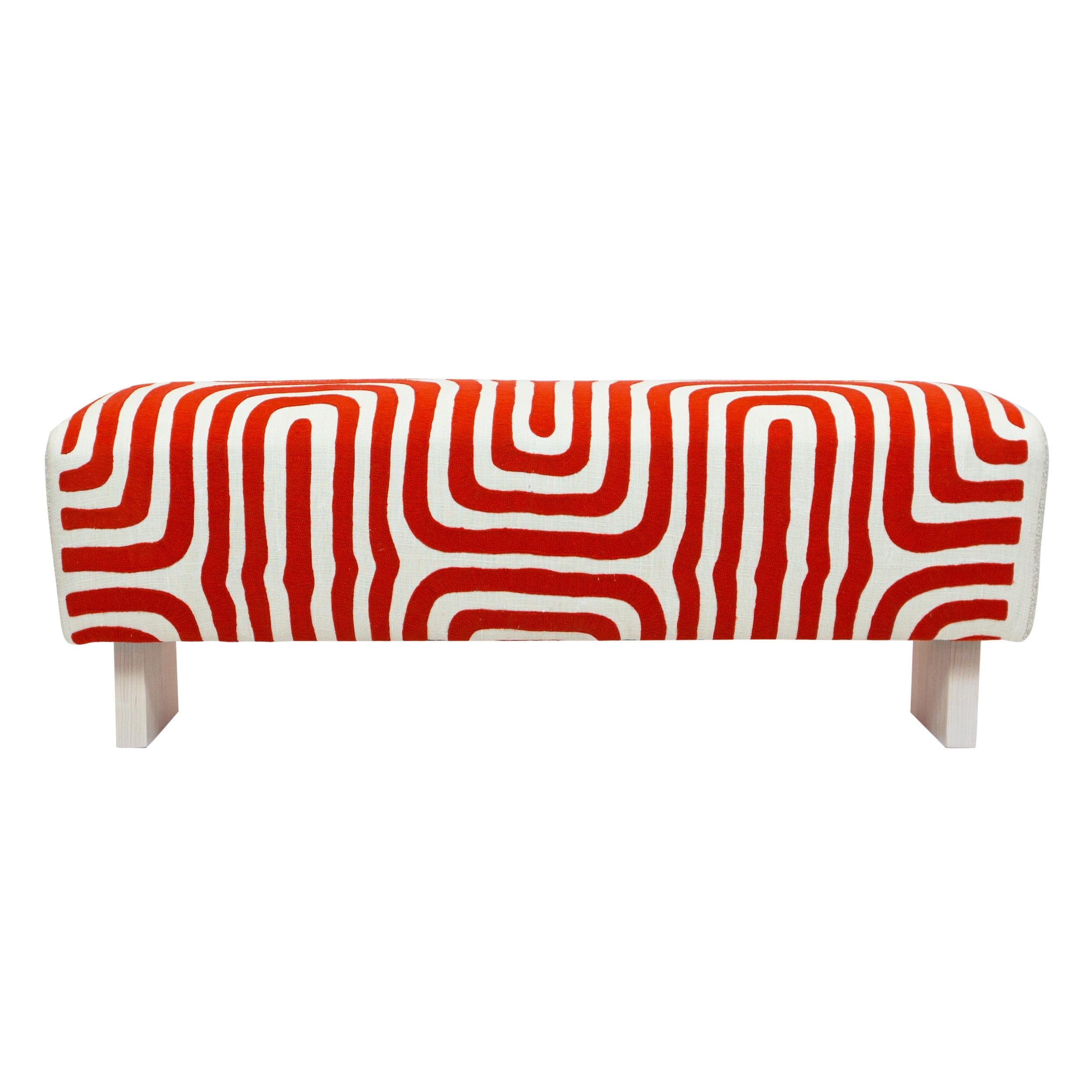 Bouclé Modern Sloped Bench with Swirly Bright Orange Embroidered Linen For Sale