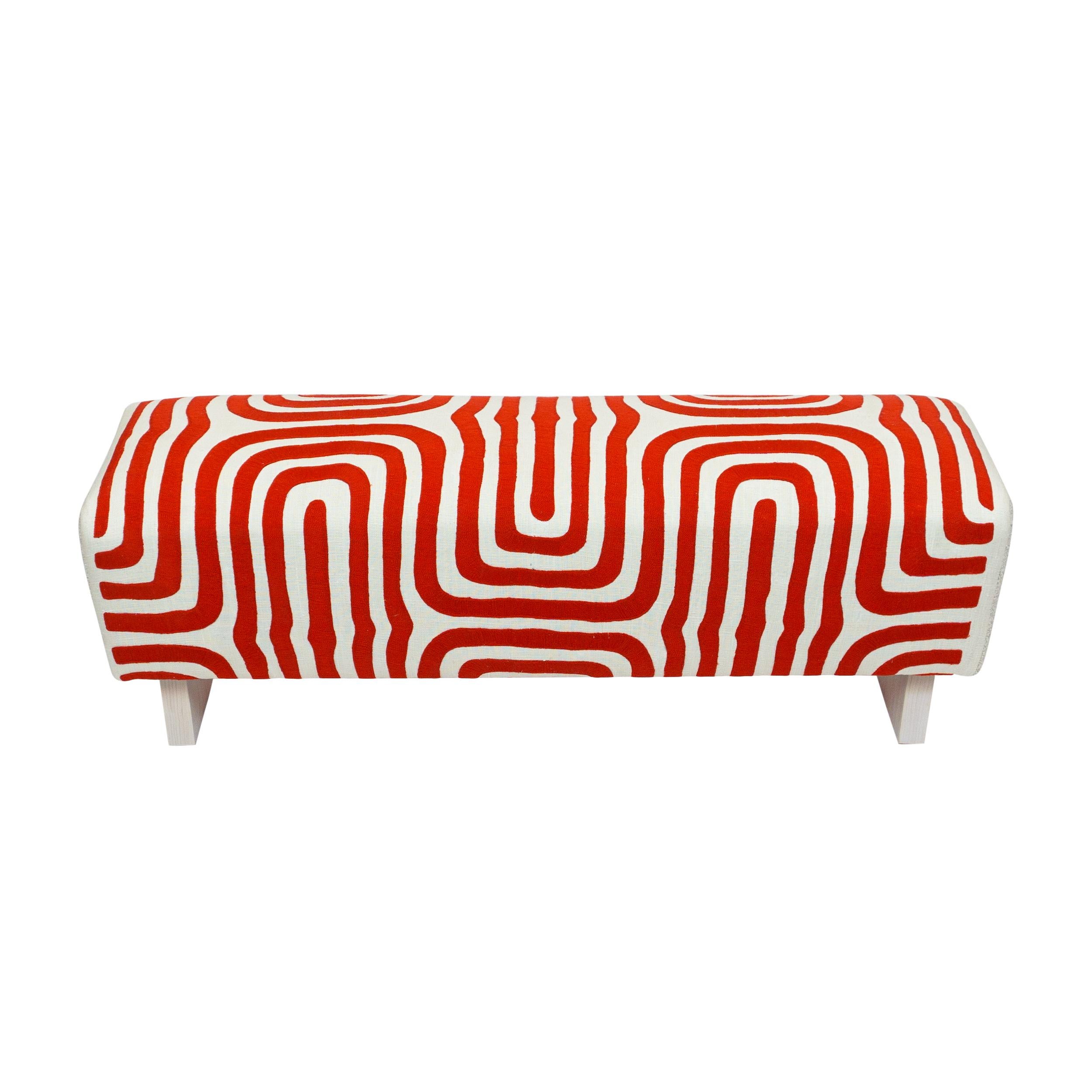 Modern Sloped Bench with Swirly Bright Orange Embroidered Linen For Sale 1