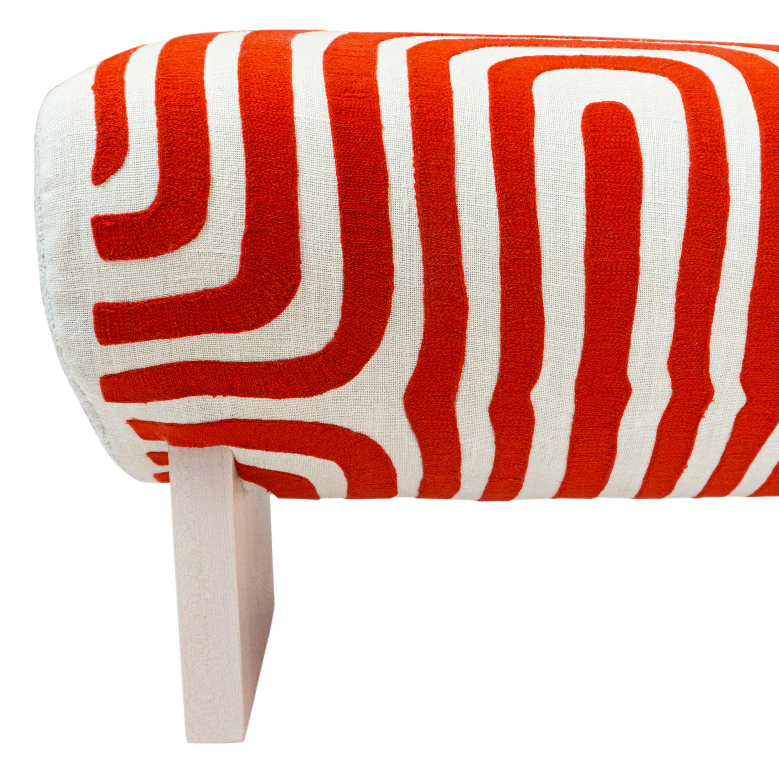 Modern Sloped Bench with Swirly Bright Orange Embroidered Linen For Sale 2