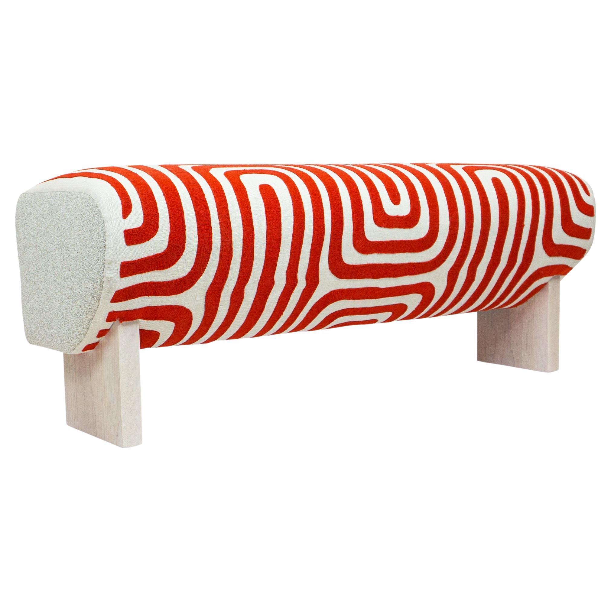 Modern Sloped Bench with Swirly Bright Orange Embroidered Linen For Sale