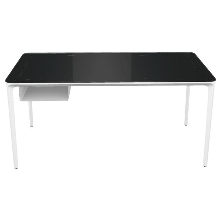 Modern Small Desk with Black Lacquered Glass Top and White Frame, Made in Italy