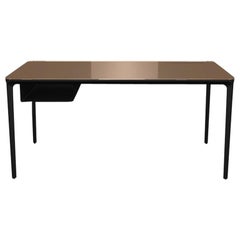 Modern Small Desk with Brown Lacquered Glass Top and Black Frame, Made in Italy
