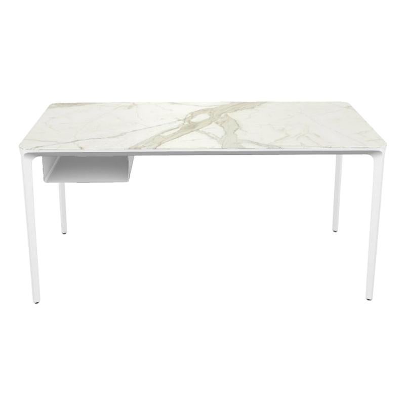 Modern Small Desk with Calacatta Ceramic Top and White Frame, Made in Italy