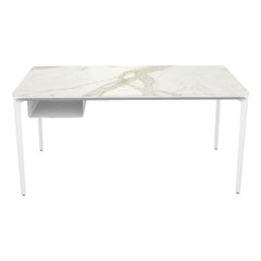 Modern Small Desk with Calacatta Ceramic Top and White Frame, Made in Italy