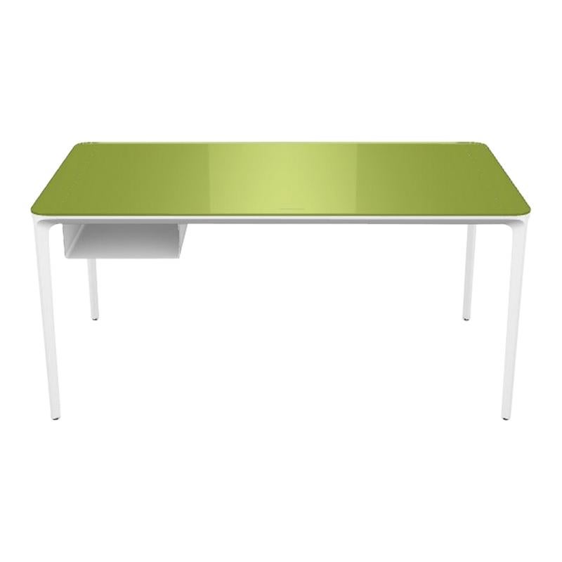 Escritorio moderno pequeño con tapa de cristal lacado en verde y marco blanco, Made in Italy