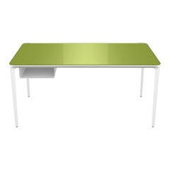 Modern Small Desk with Green Lacquered Glass Top and White Frame, Made in Italy