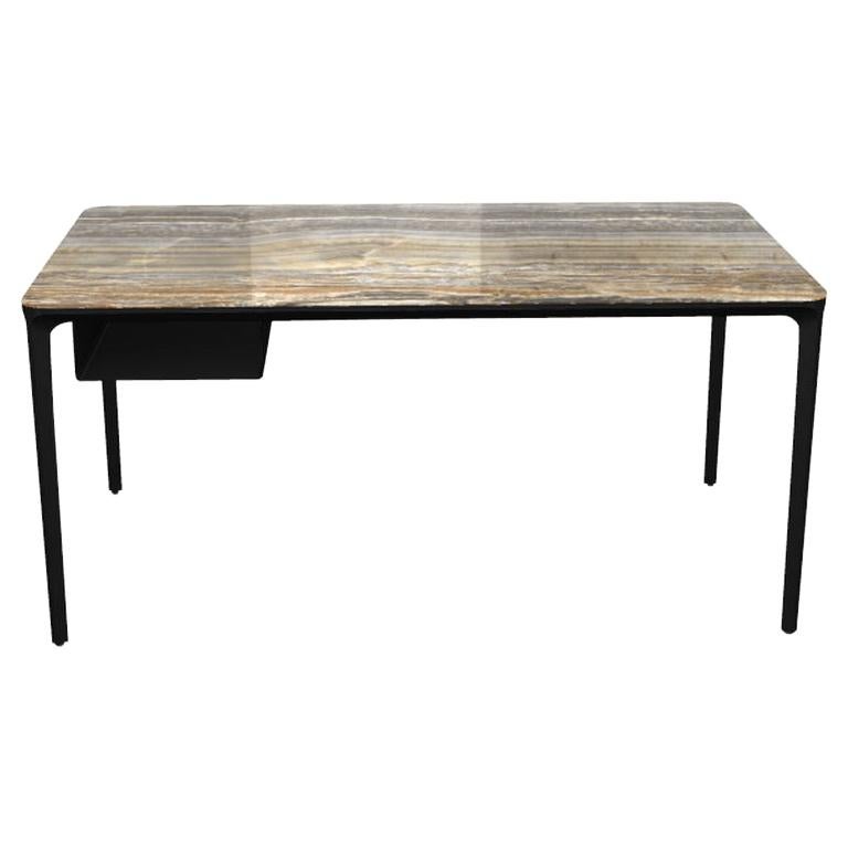 Modern Small Desk with Grey Onyx Top and Black Frame, Made in Italy