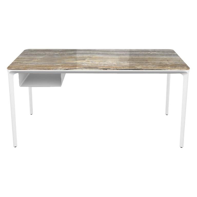 Escritorio moderno pequeño con tapa de ónice gris y marco blanco, Made in Italy