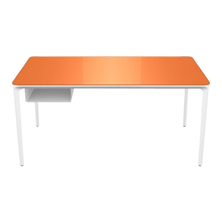 Escritorio Moderno Pequeño con Tapa de Cristal Lacado Naranja y Marco Blanco, Made in Italy