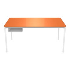 Modern Small Desk with Orange Lacquered Glass Top and White Frame, Made in Italy
