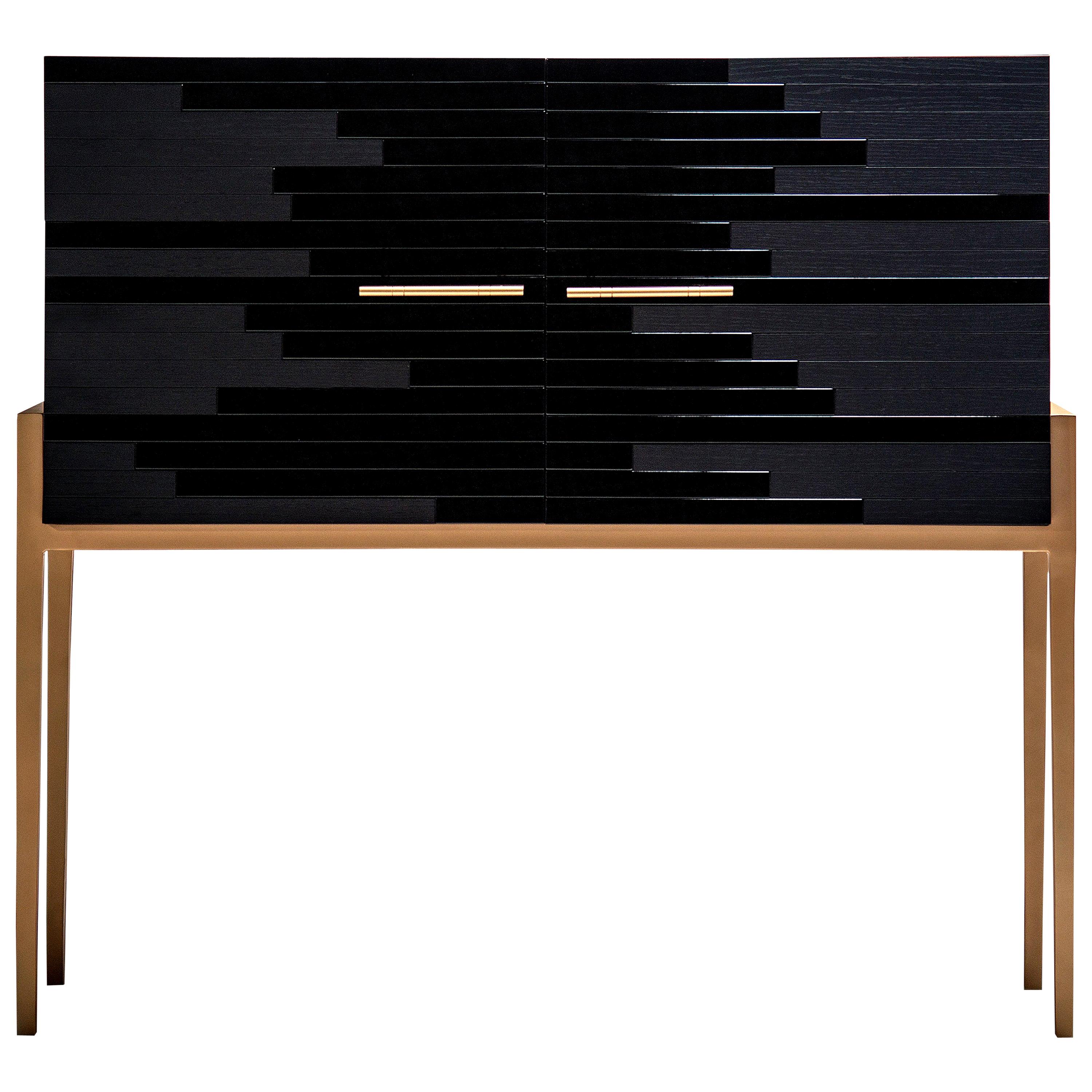Modern Small Cabinet for Living Room in Black Lacquer and Black Oak For Sale