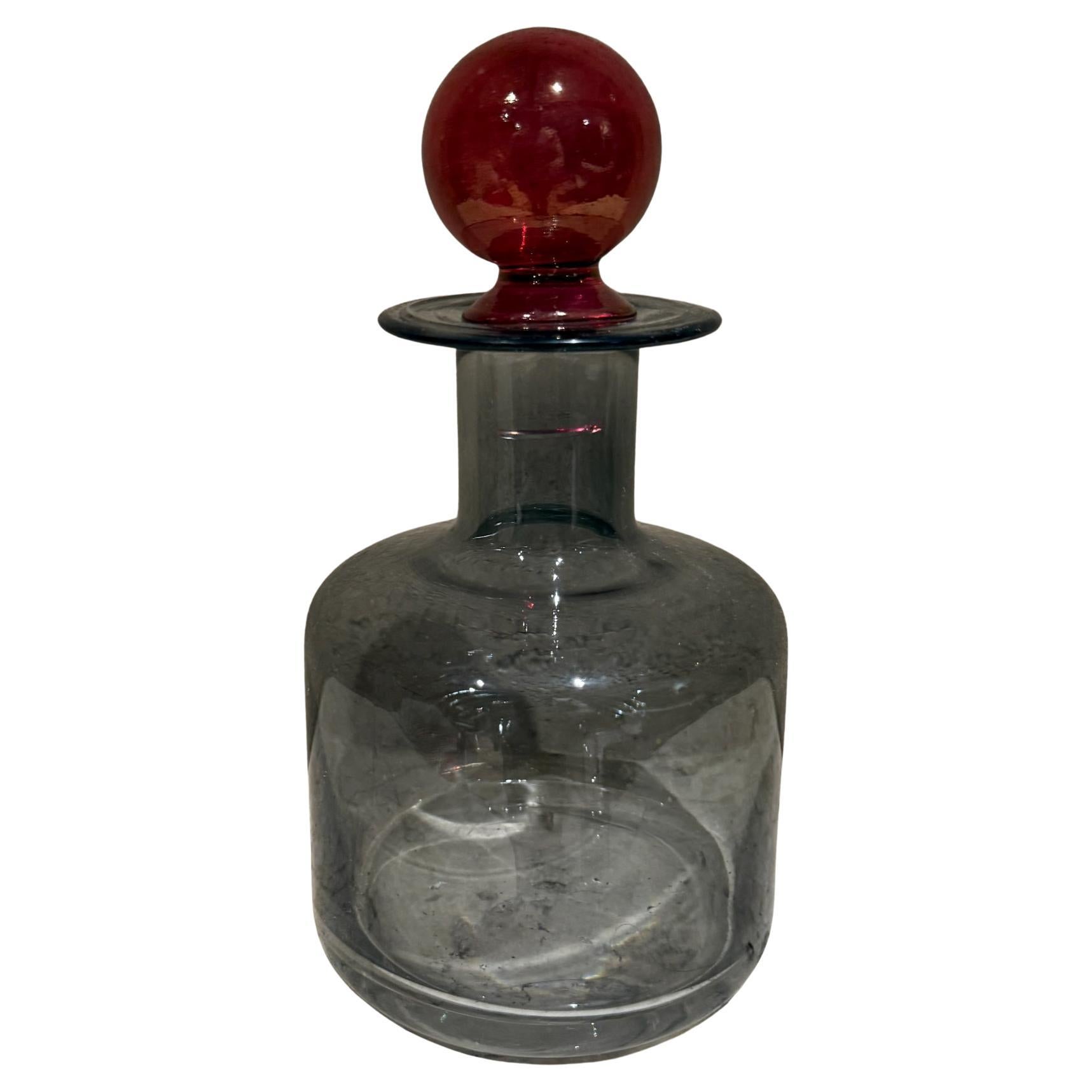 Modern Smoke Glass Decanter Red Stopper Attributed to Holmegaard For Sale