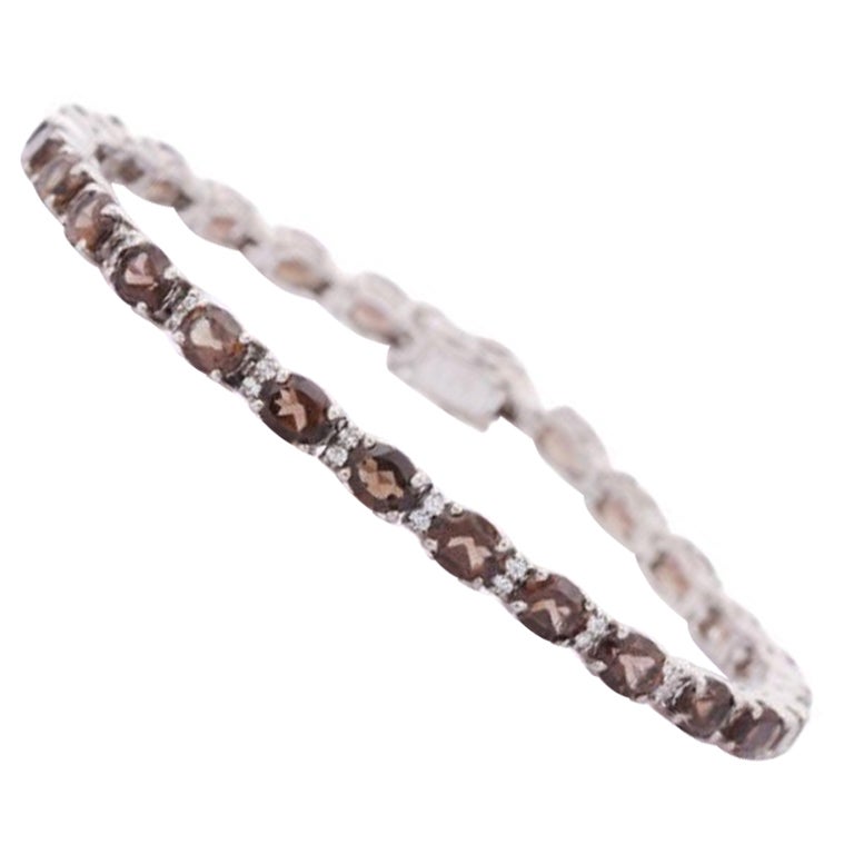 Modern Smoky Topaz and Diamond Tennis Bracelet in 925 Sterling Silver for Women For Sale