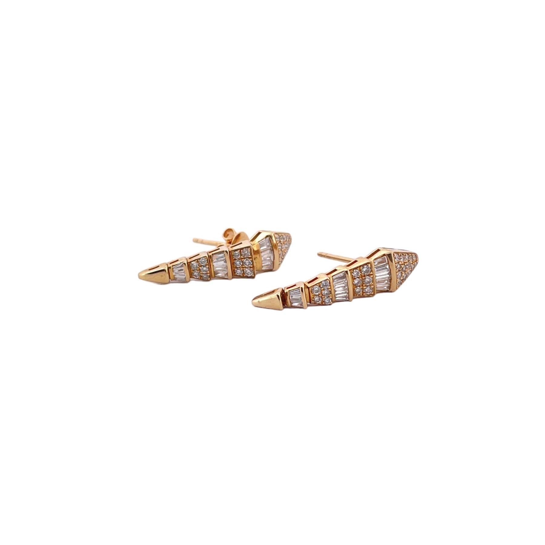 Baguette Cut Modern Snake Diamond Earrings - 14K Yellow Gold For Sale
