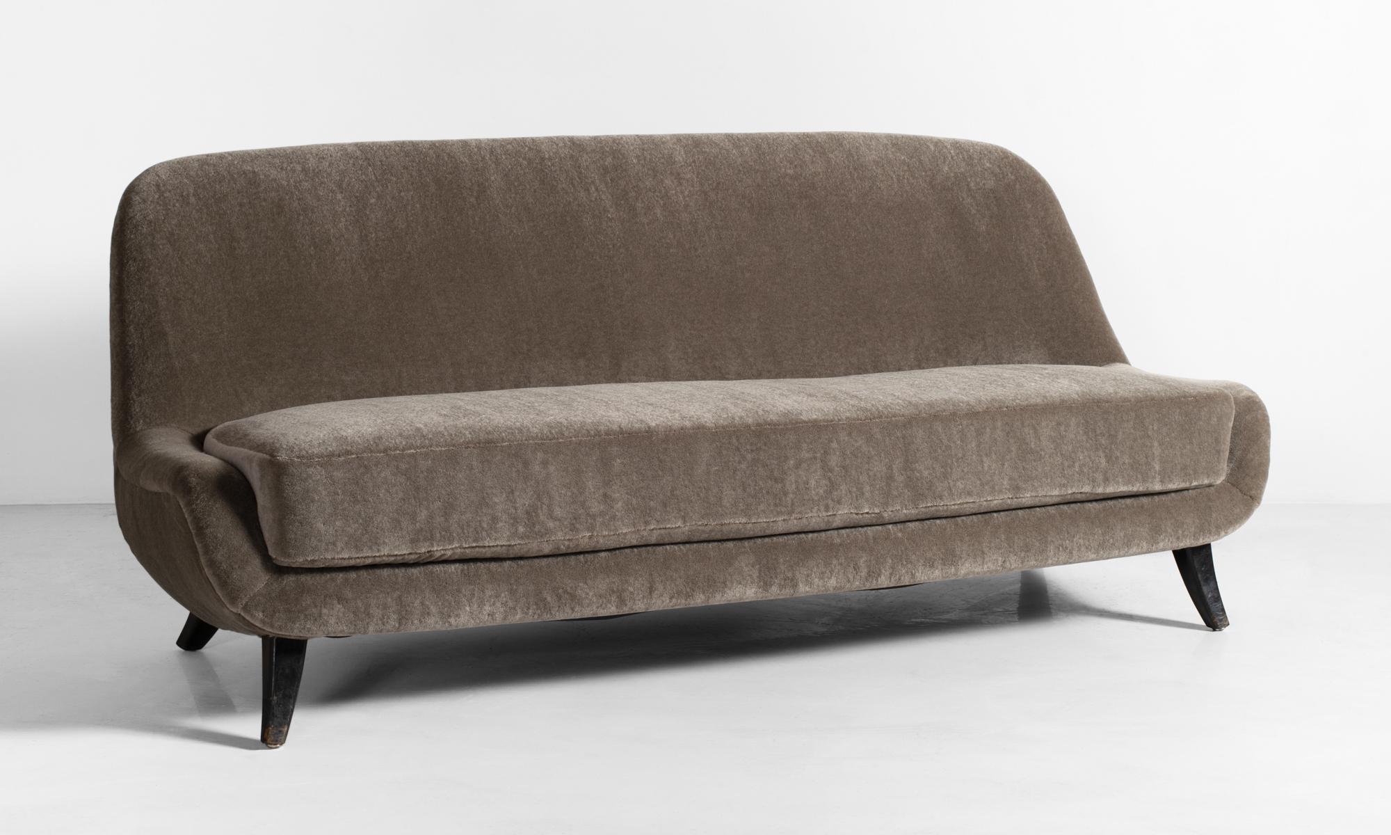 Modern sofa, circa 1960.

Handsome, low form reupholstered in luxurious Maharam Mohair extreme in lichen.