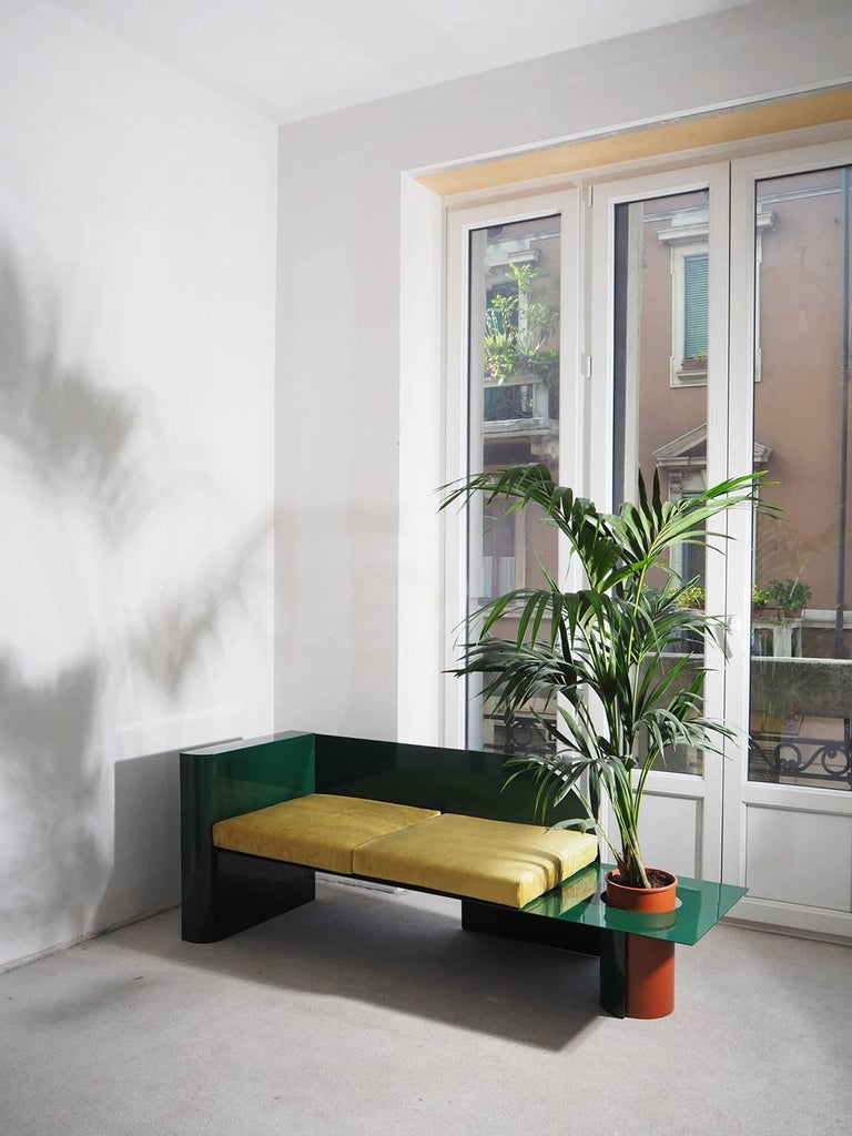 Contemporary Modern Sofa in Powder-Coated Steel with Planter Side Table 
