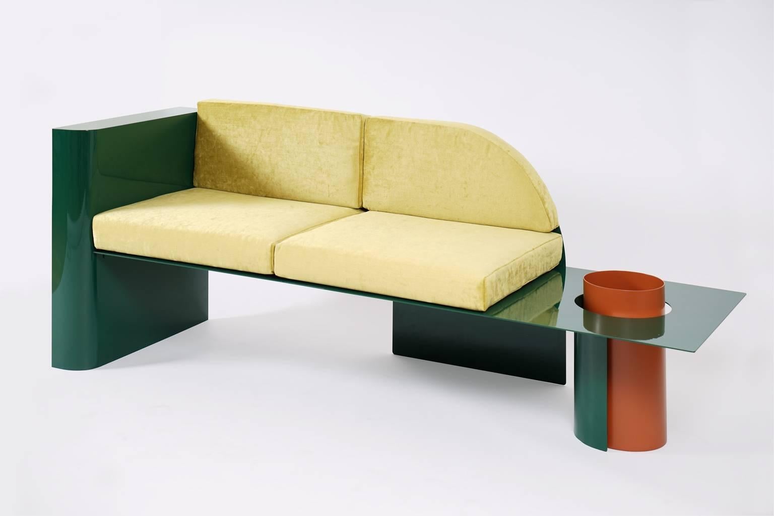 Modern Sofa in Powder-Coated Steel with Planter Side Table 