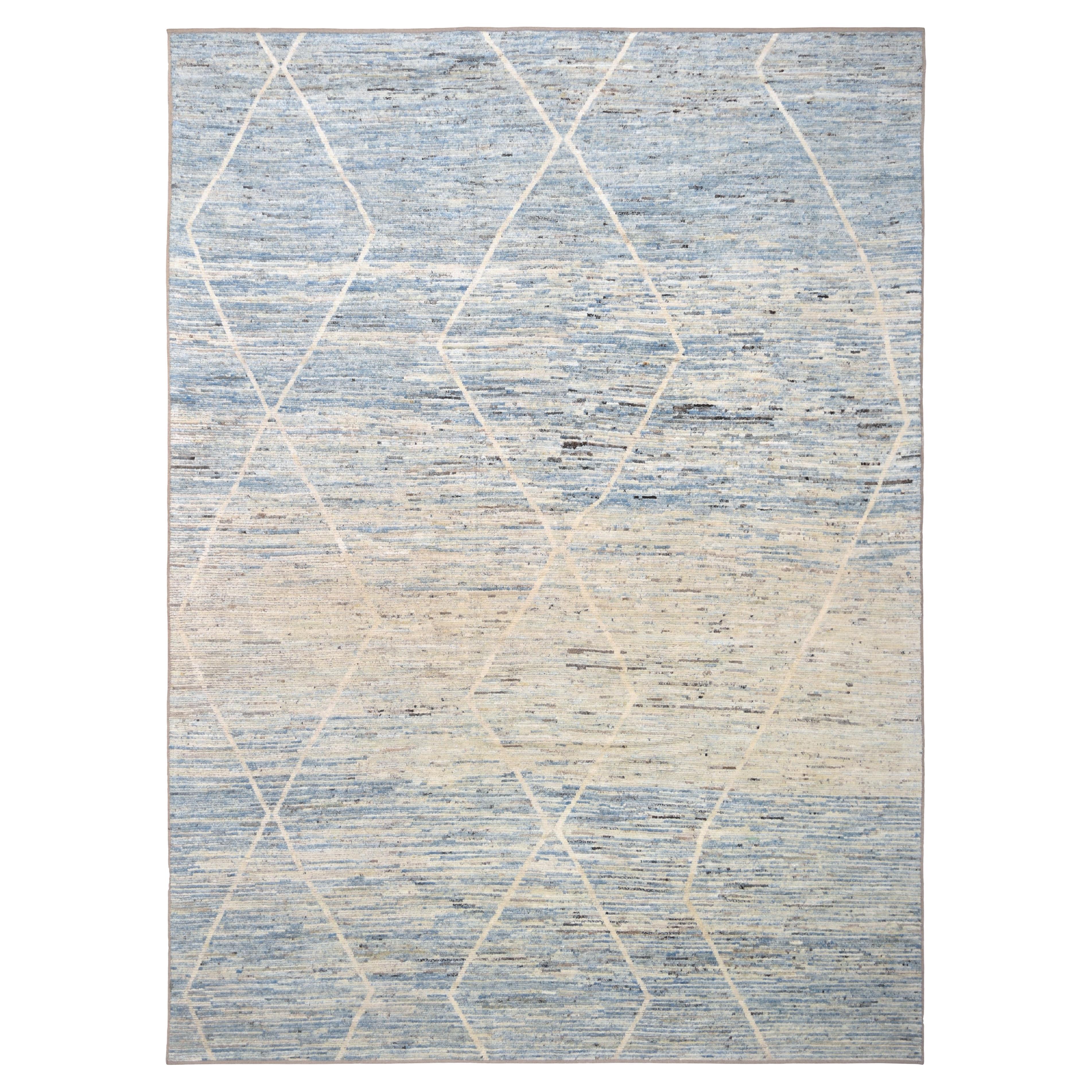 Modern Soft Blue and Ivory Diamond Patterned Wool Rug 11'1''x15'2''