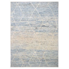 Modern Soft Blue and Ivory Diamond Patterned Wool Rug 11'1''x15'2''