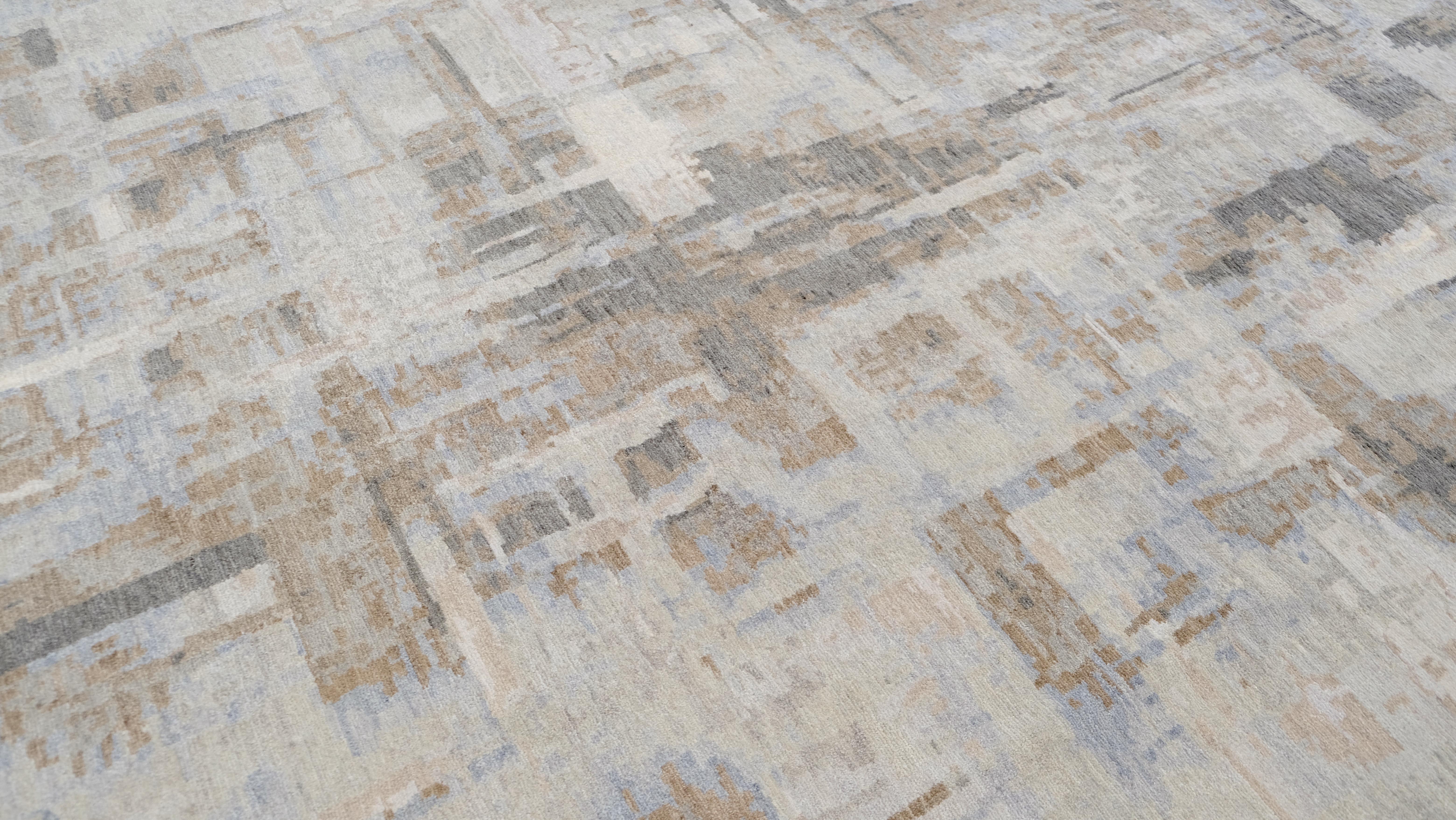 Moderner geometrischer Teppich aus Wolle und Seide in Weichgrün und Blau 8'10''x12' (Nepalesisch) im Angebot